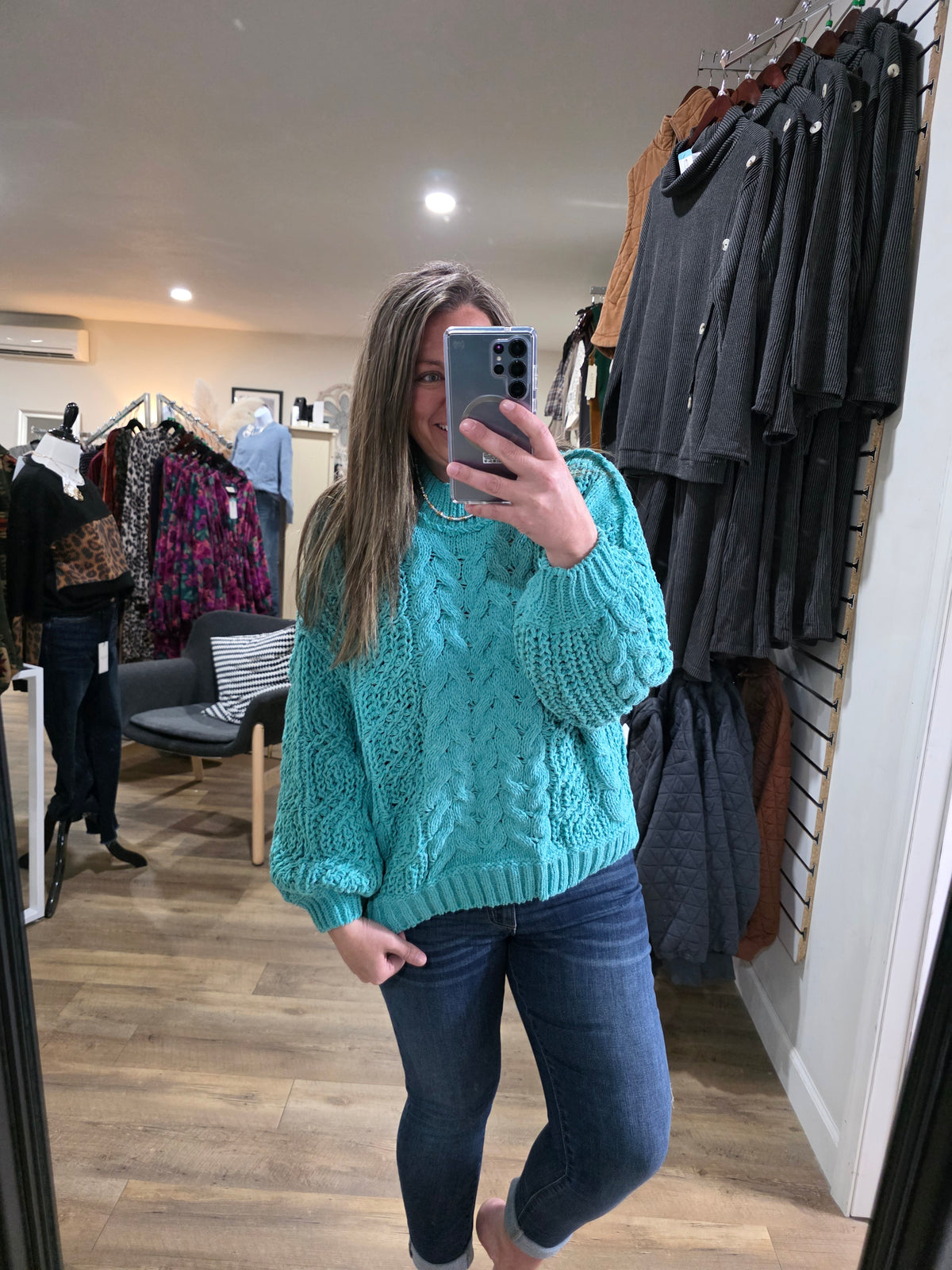 POL AQUA TEAL CABLE KNIT SWEATER