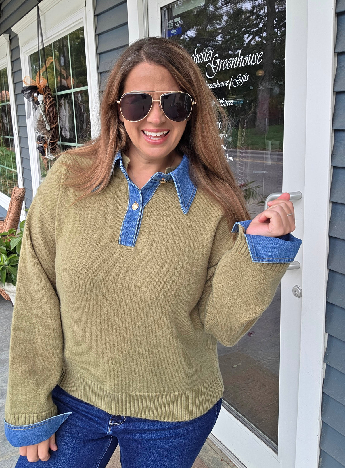 LT OLIVE SWEATER W/ DENIM TRIM