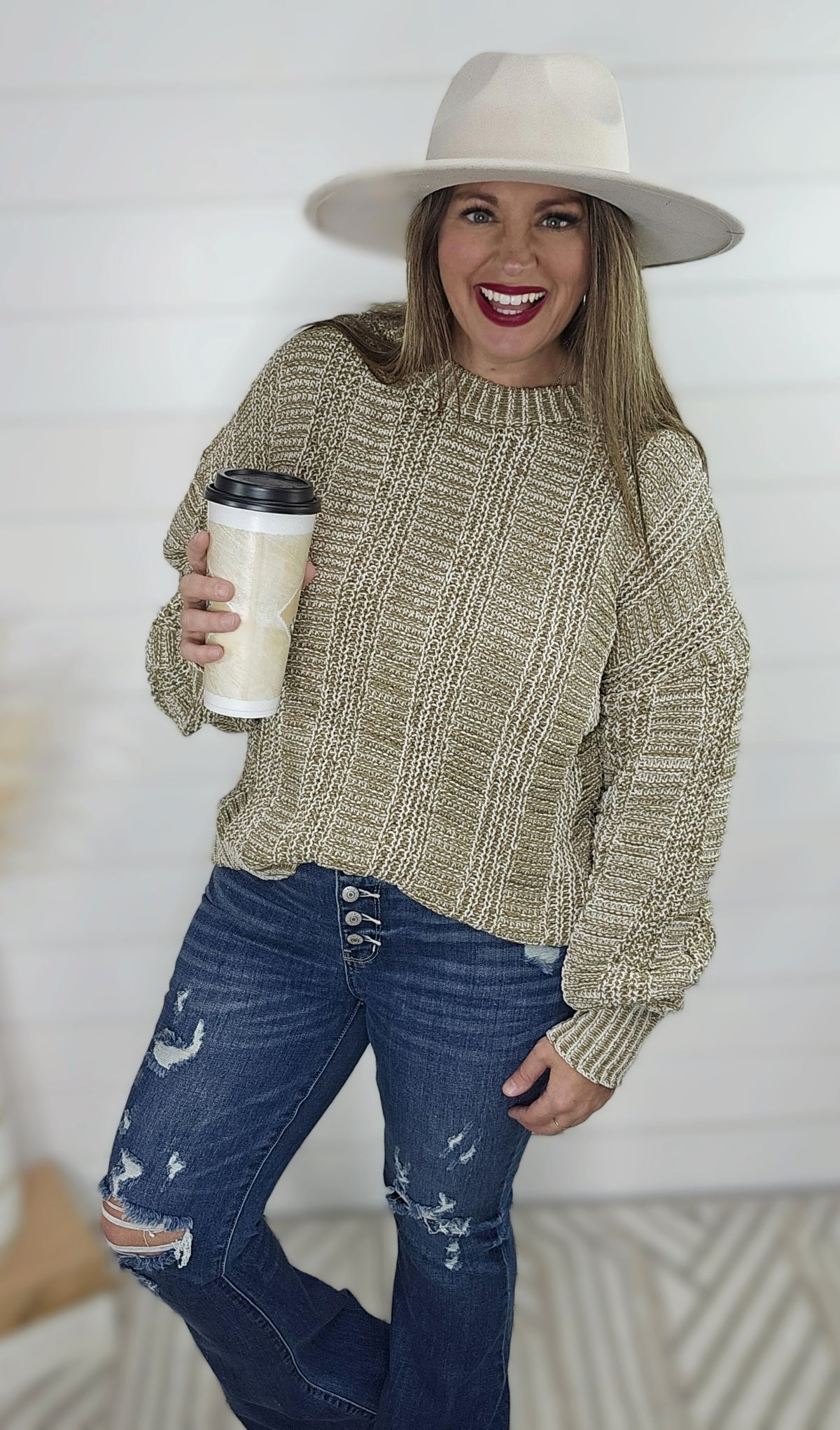 OLIVE TWO TONE PULL ON SWEATER