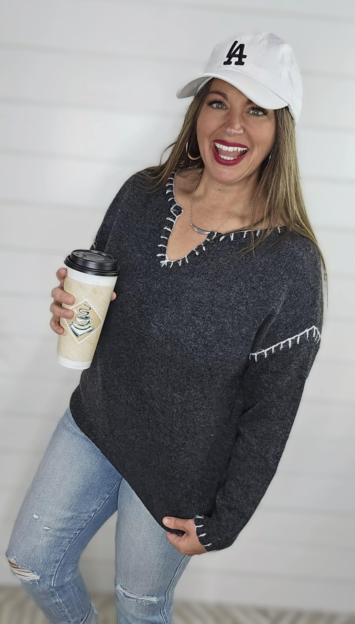 GUN METAL BLANKET STITCH NOTCHED NECKLINE PULLOVER SWEATER