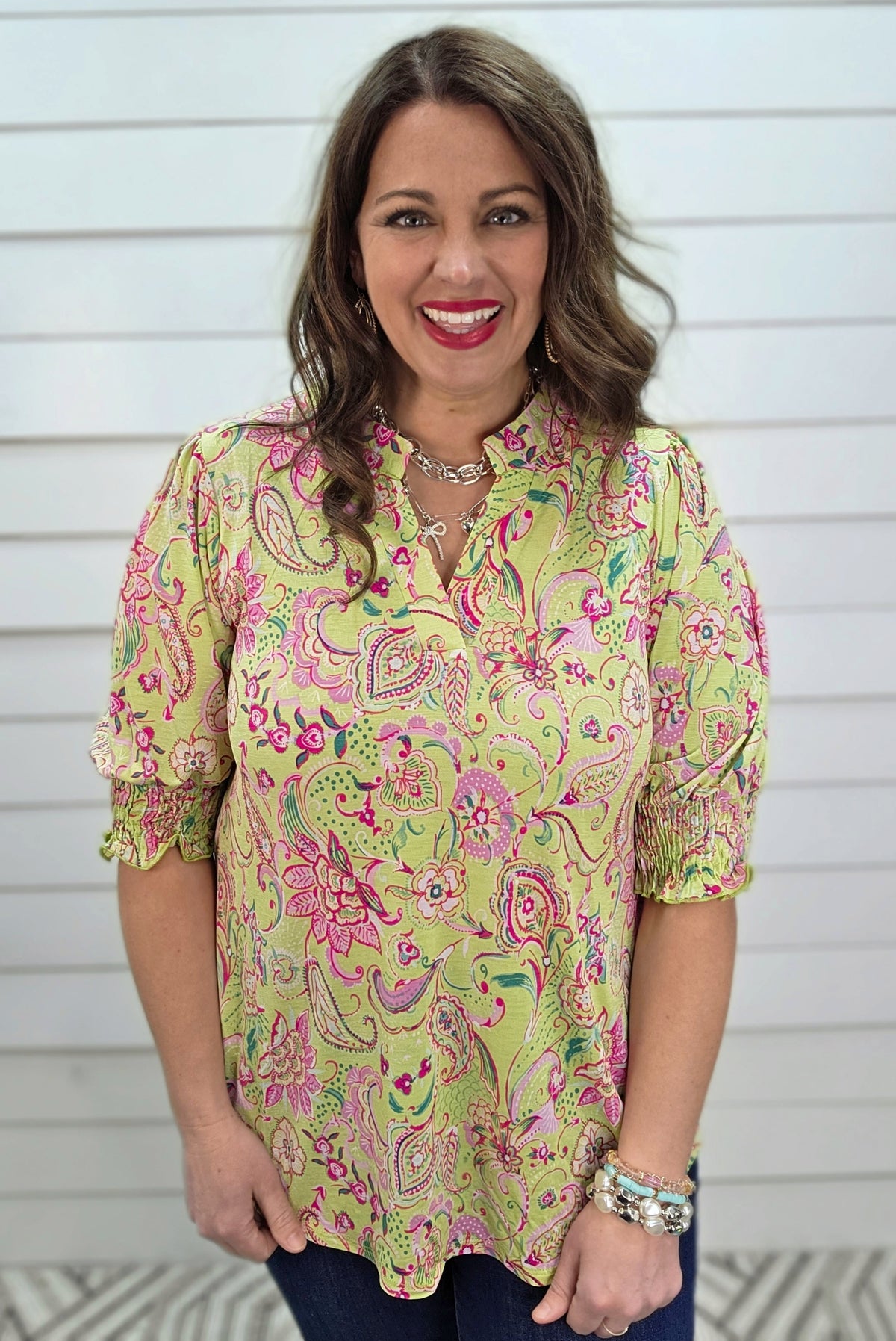 DEAR SCARLETT SMOCKED TOP - GREEN/PINK PRINTED