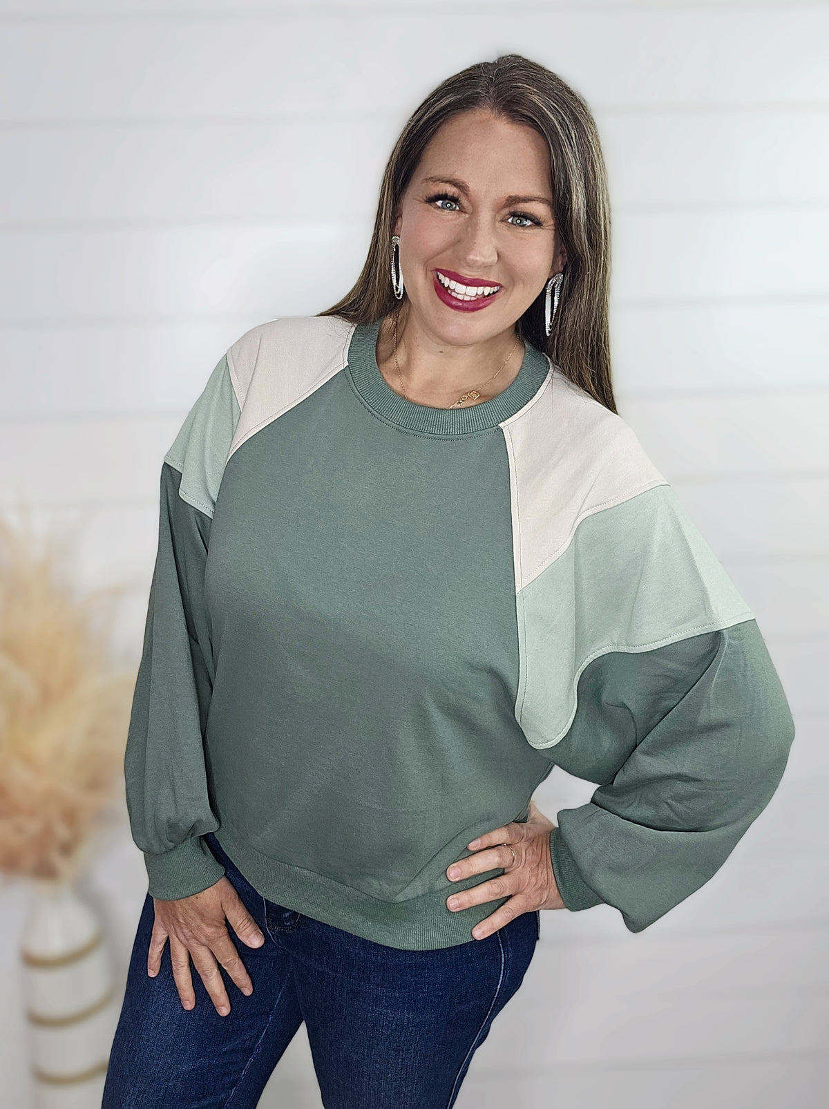 SAGE COLORBLOCK FRENCH TERRY PULLOVER