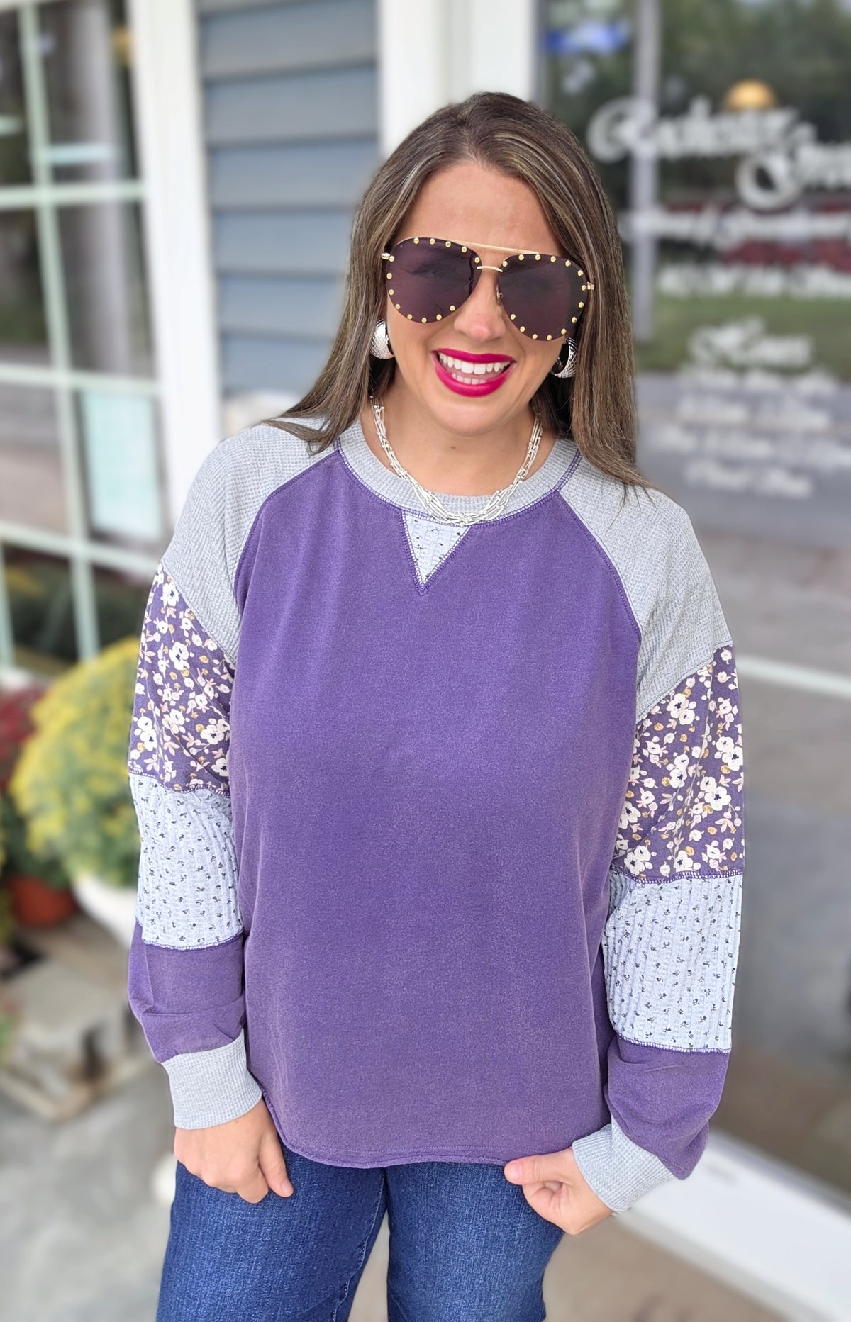 PURPLE PATCHWORK SLEEVE OVERSIZED TOP