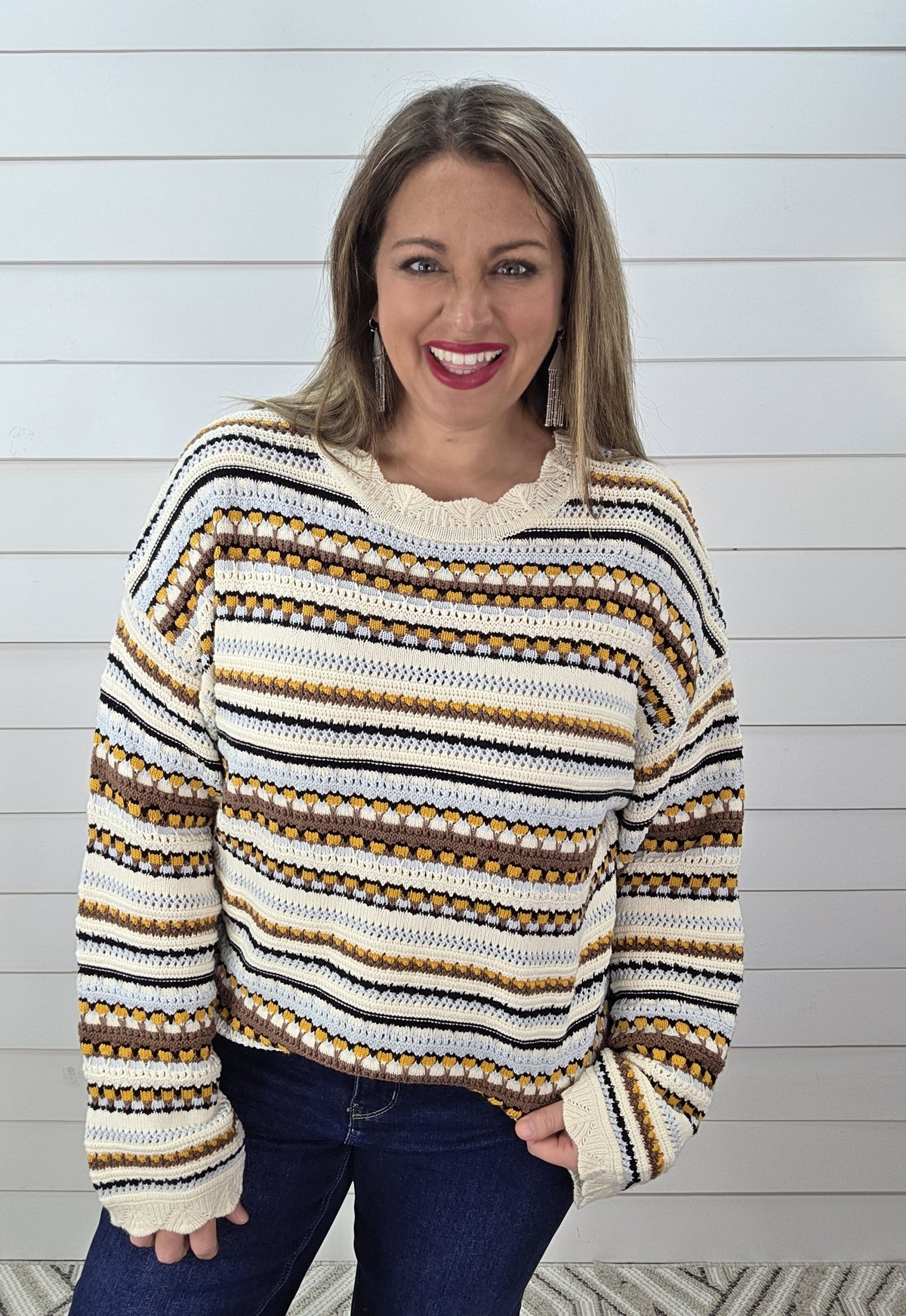 KAREN HART MUSTARD/BROWN OPEN KNIT SCALLOPED TRIM SWEATER