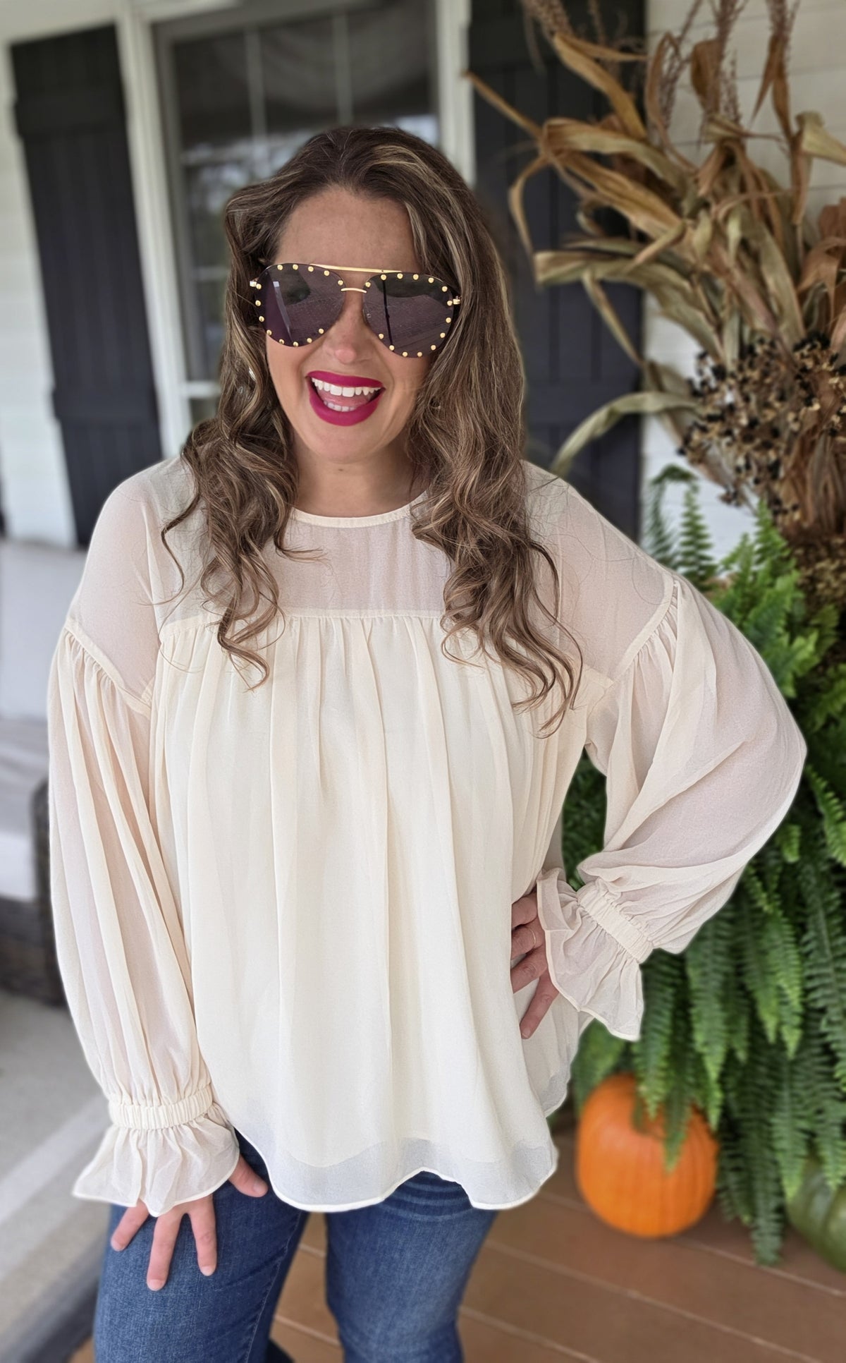 BEIGE FLOWY CHIFFON STYLE BLOUSE