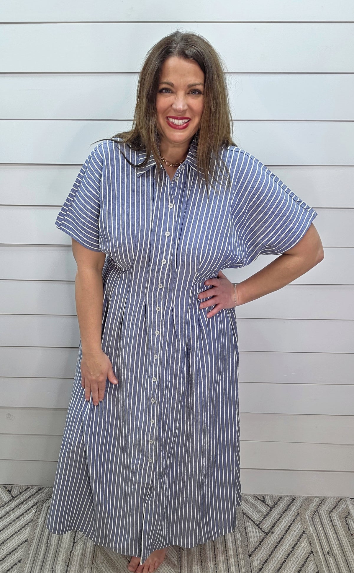 DUSTY BLUE STRIPED BUTTON DOWN PLEATED SHIRTDRESS W/ POCKETS