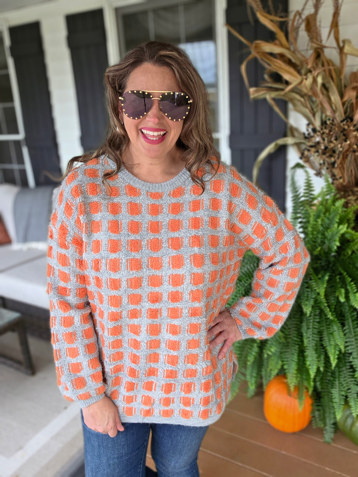 CORAL/GREY TEXTURED BLOCK PULL OVER SWEATER