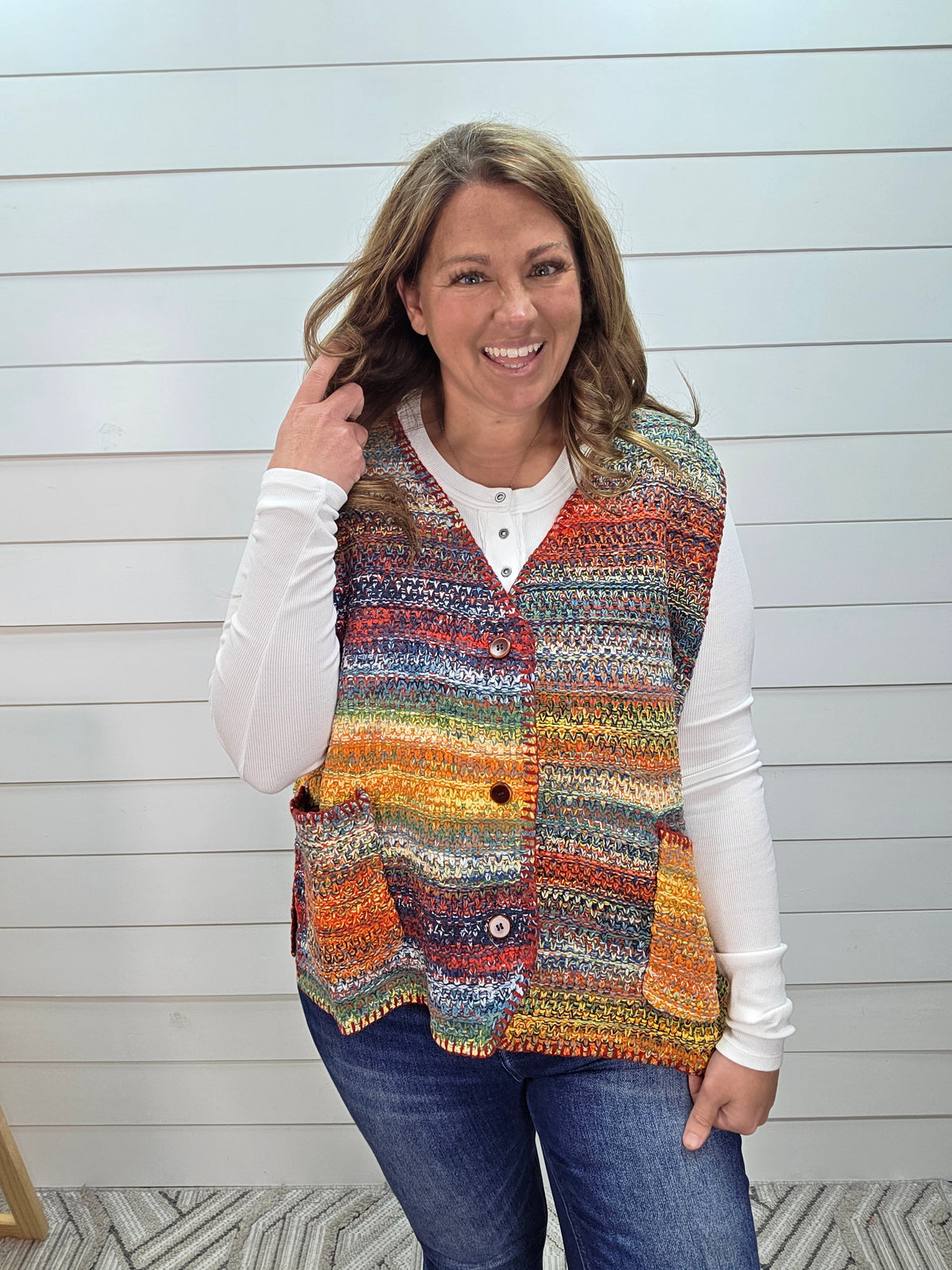 MULTI COLOR OVERSIZED KNIT BUTTON VEST