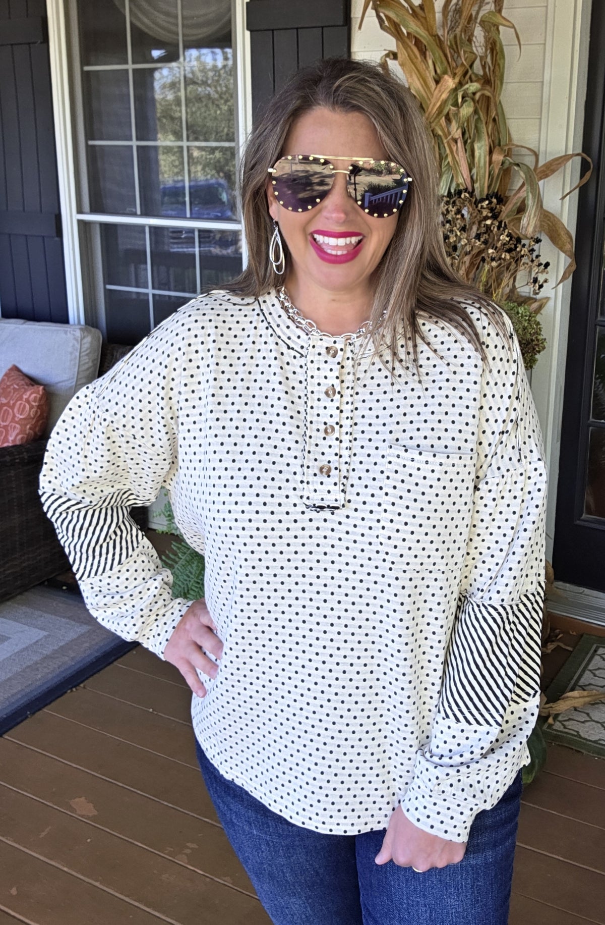 CREAM/BLACK POLKADOT/STRIPED KNIT OVERSIZED TOP