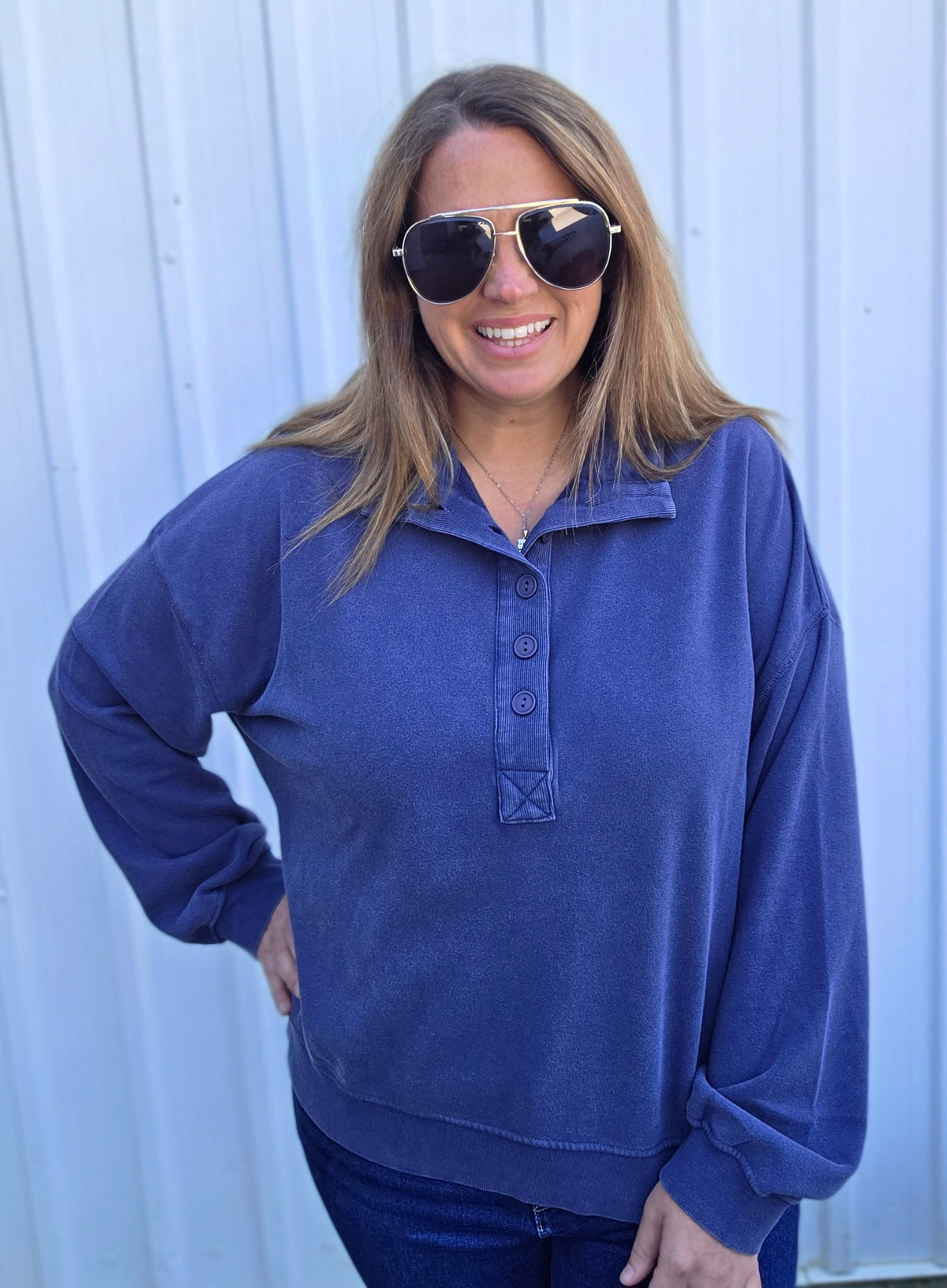 Navy Ultra Soft Mineral Wash Half Button Pullover
