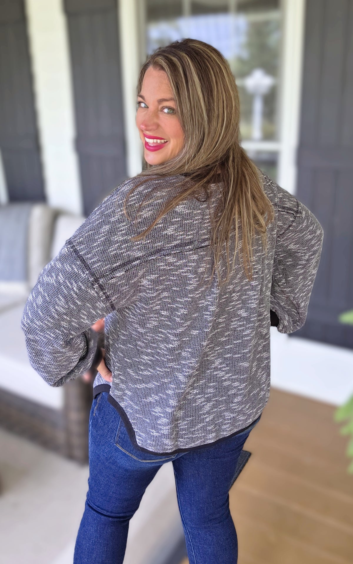 HEATHERED BLACK DROP SHOULDER KNIT TOP