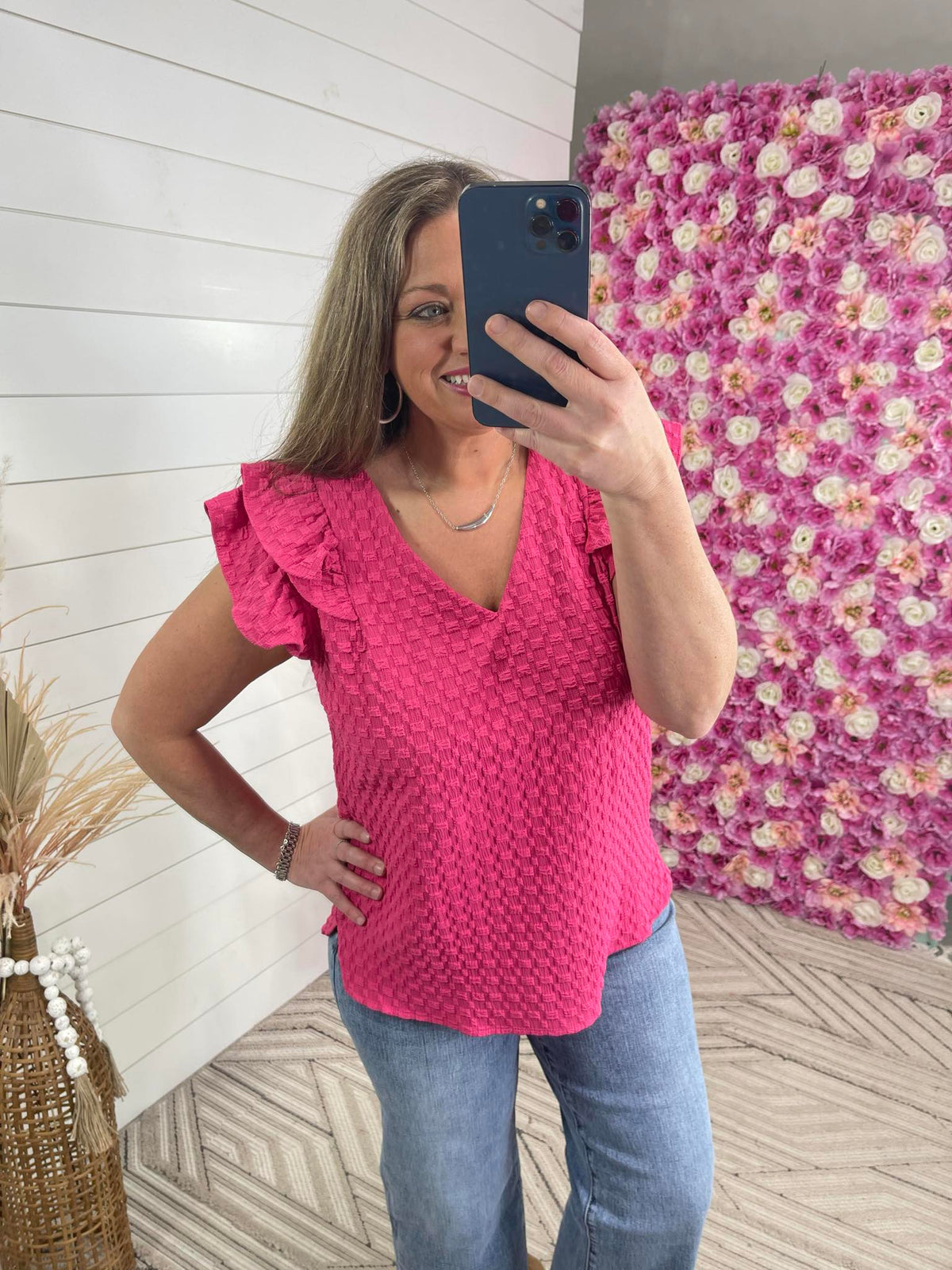 HOT PINK TEXTURED TOP W/ RUFFLE SLEEVES