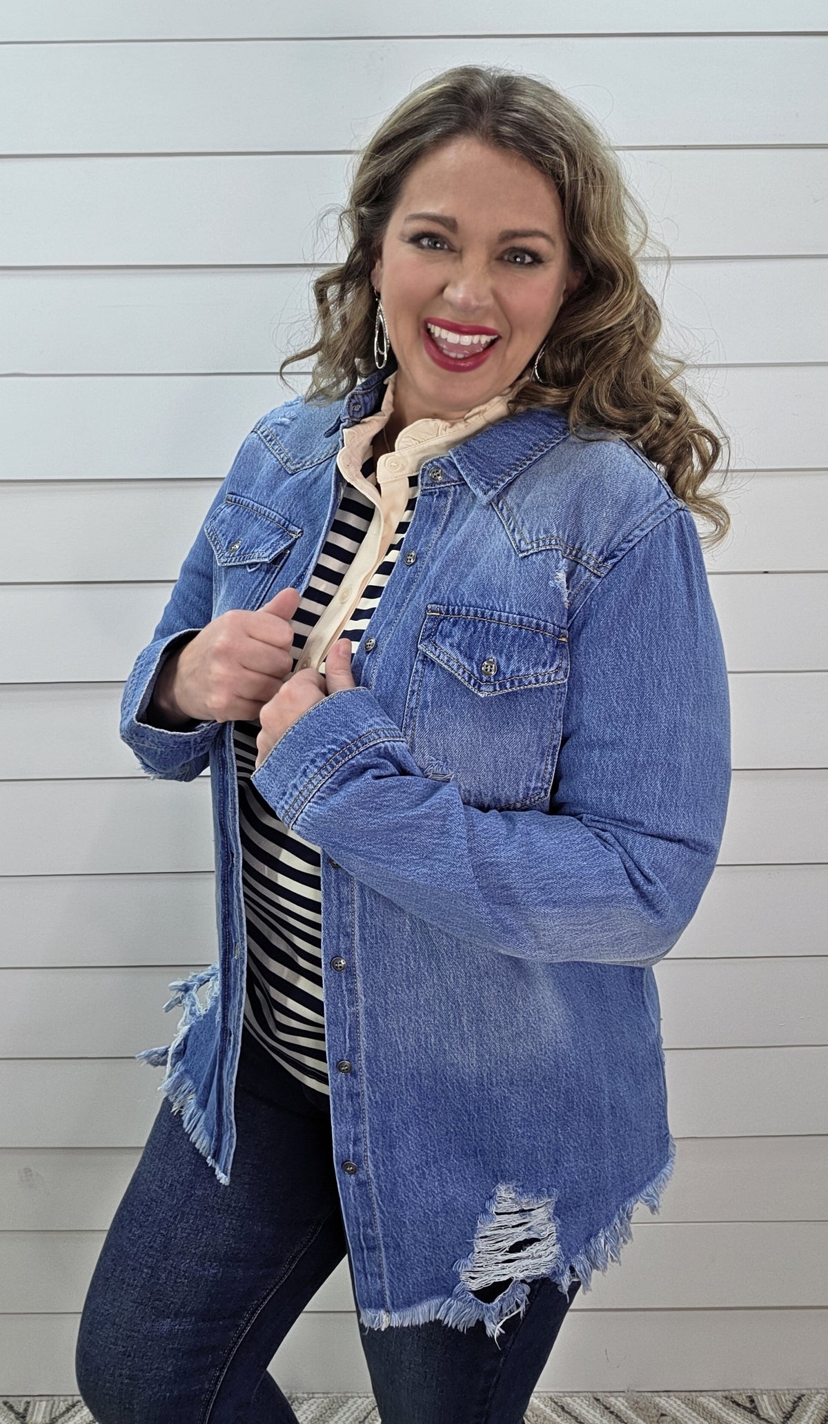 MEDIUM WASH DISTRESSED DENIM SHIRT