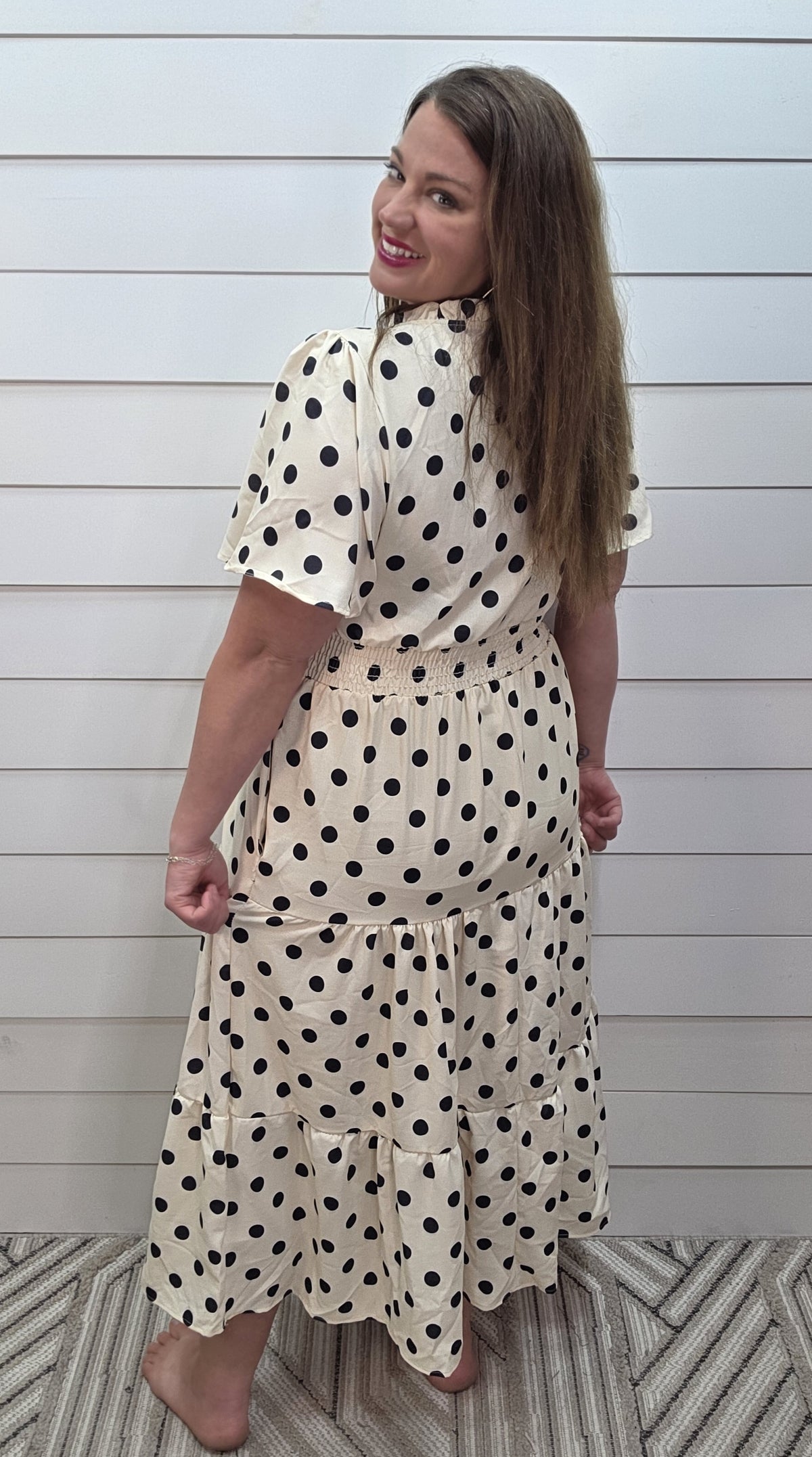 IVORY/BLACK DOT ELASTIC WASIT LONG DRESS
