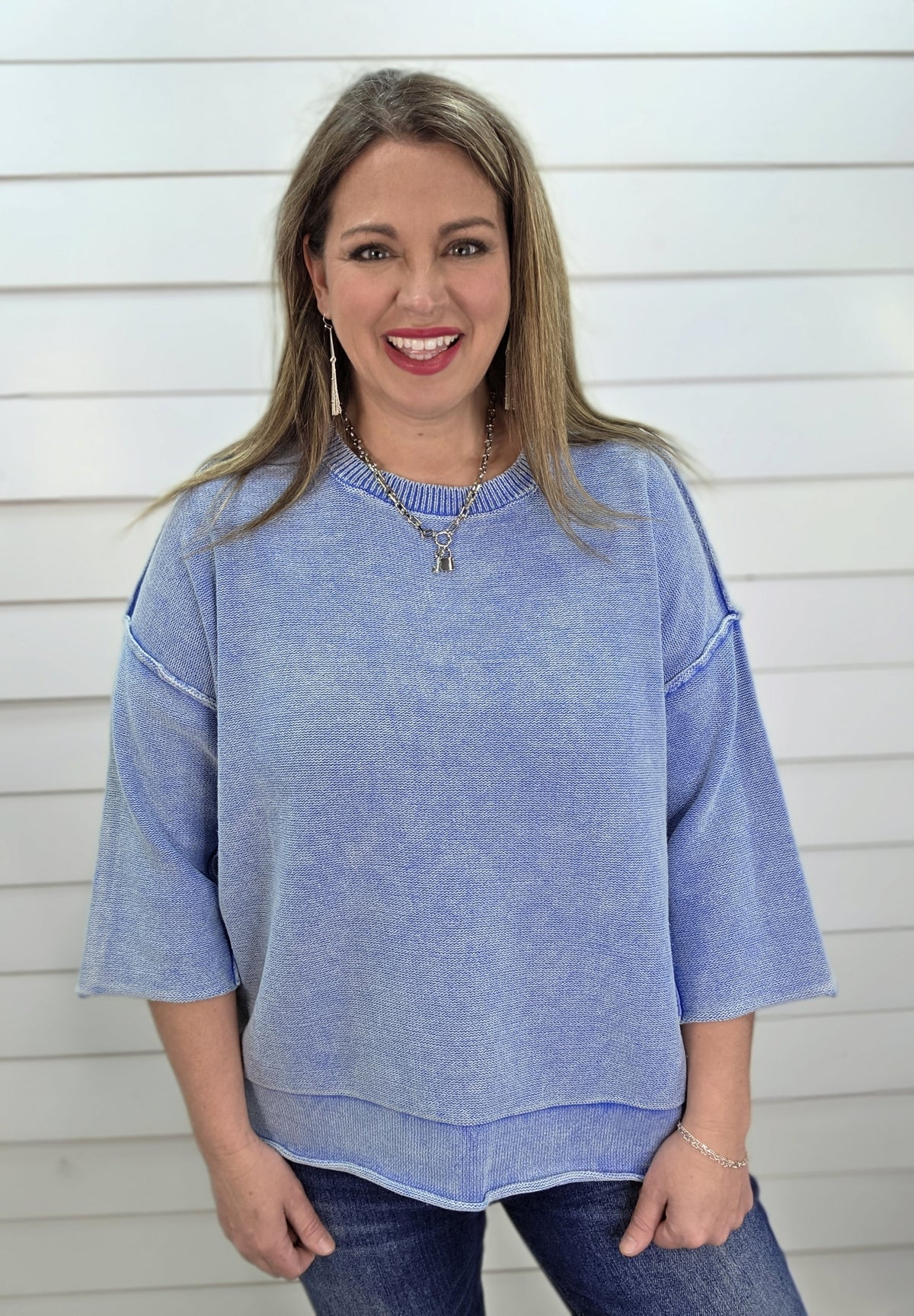 VINTAGE DENIM 3/4 SLEEVE LOOSE FIT SWEATER