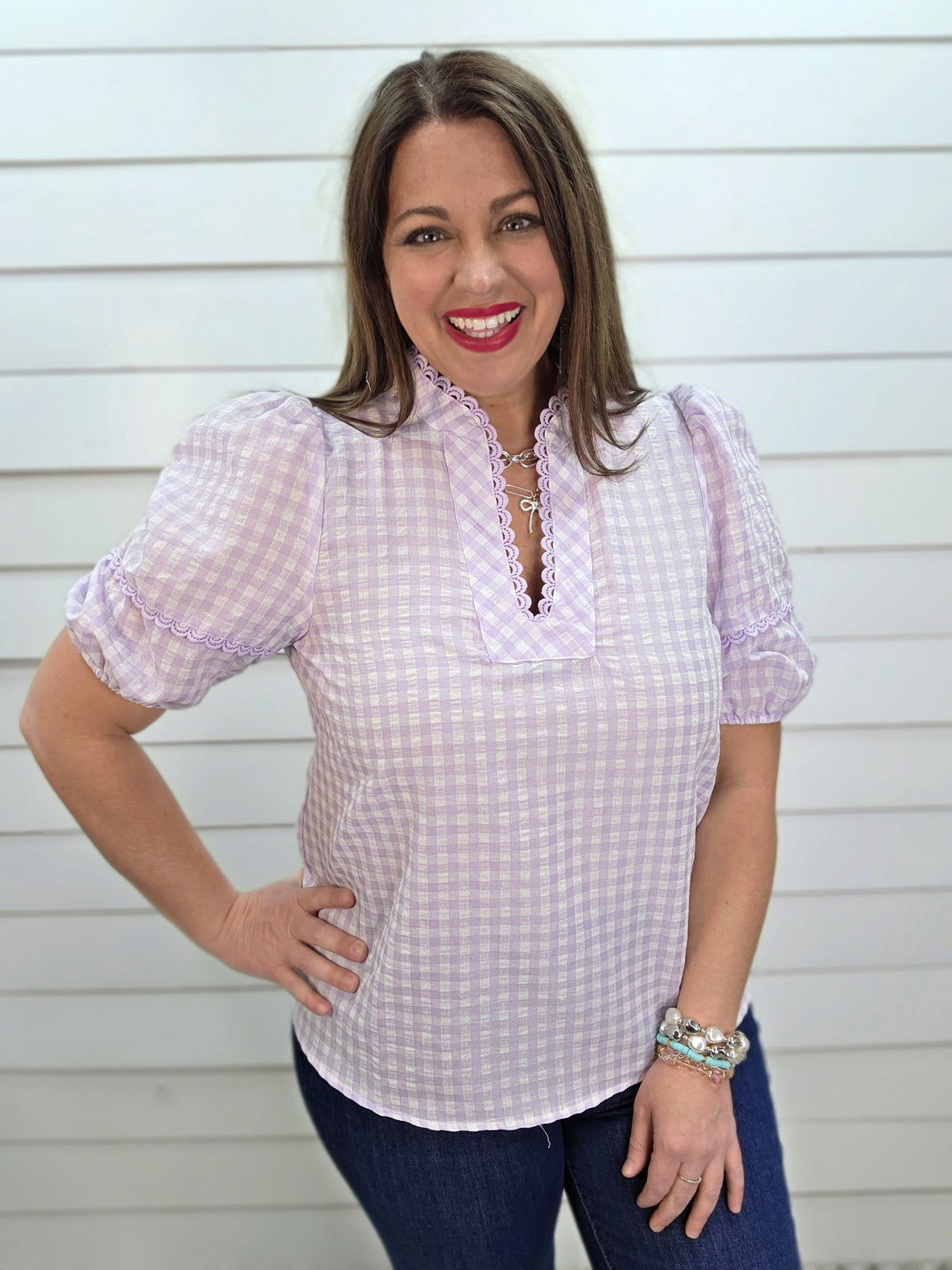LAVENDER GINGHAM PUFF SLEEVE V NECK TOP W/ SCALLOPED TRIM