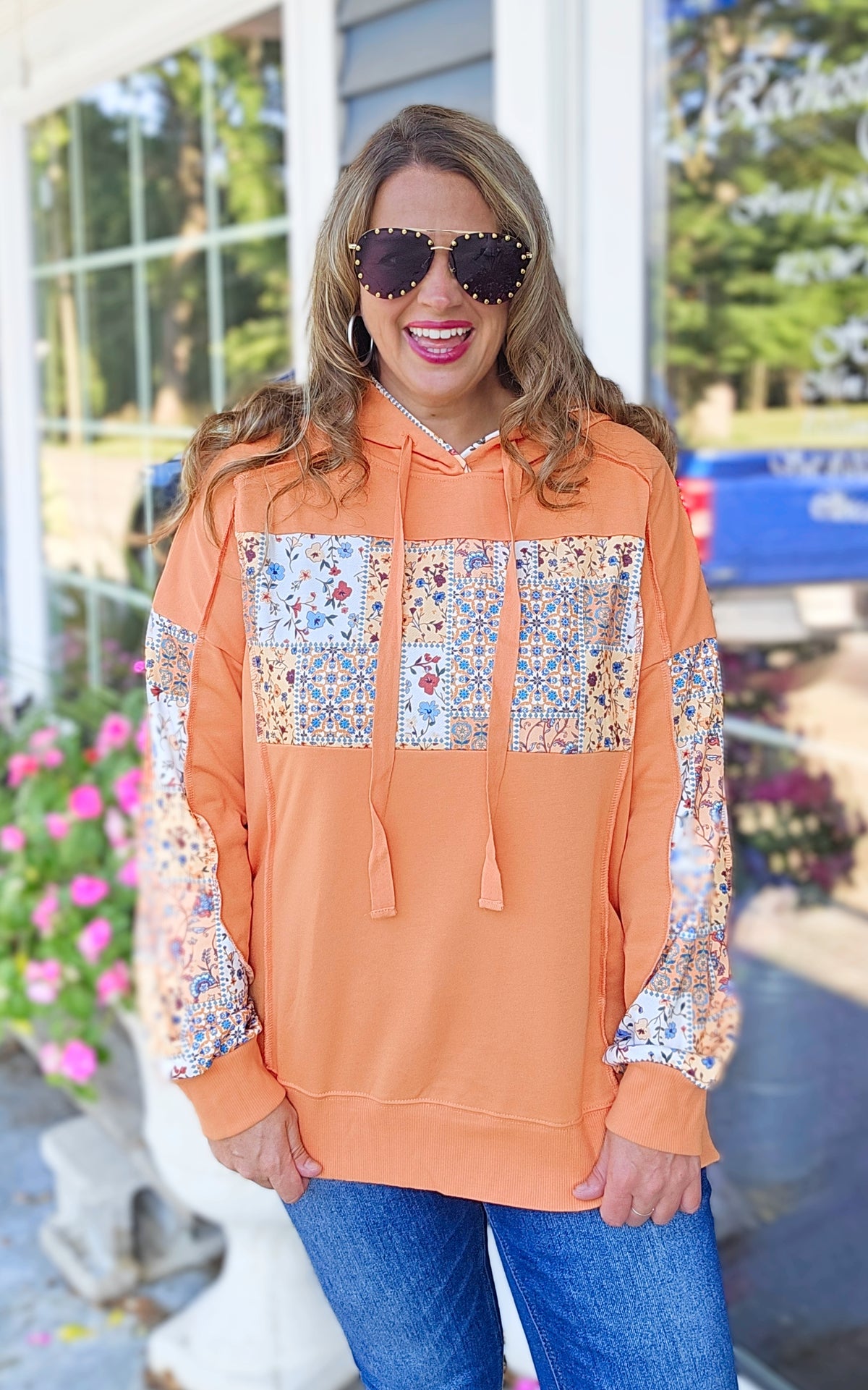 ORANGE FLORAL PATCHWORK PULLOVER HOODIE