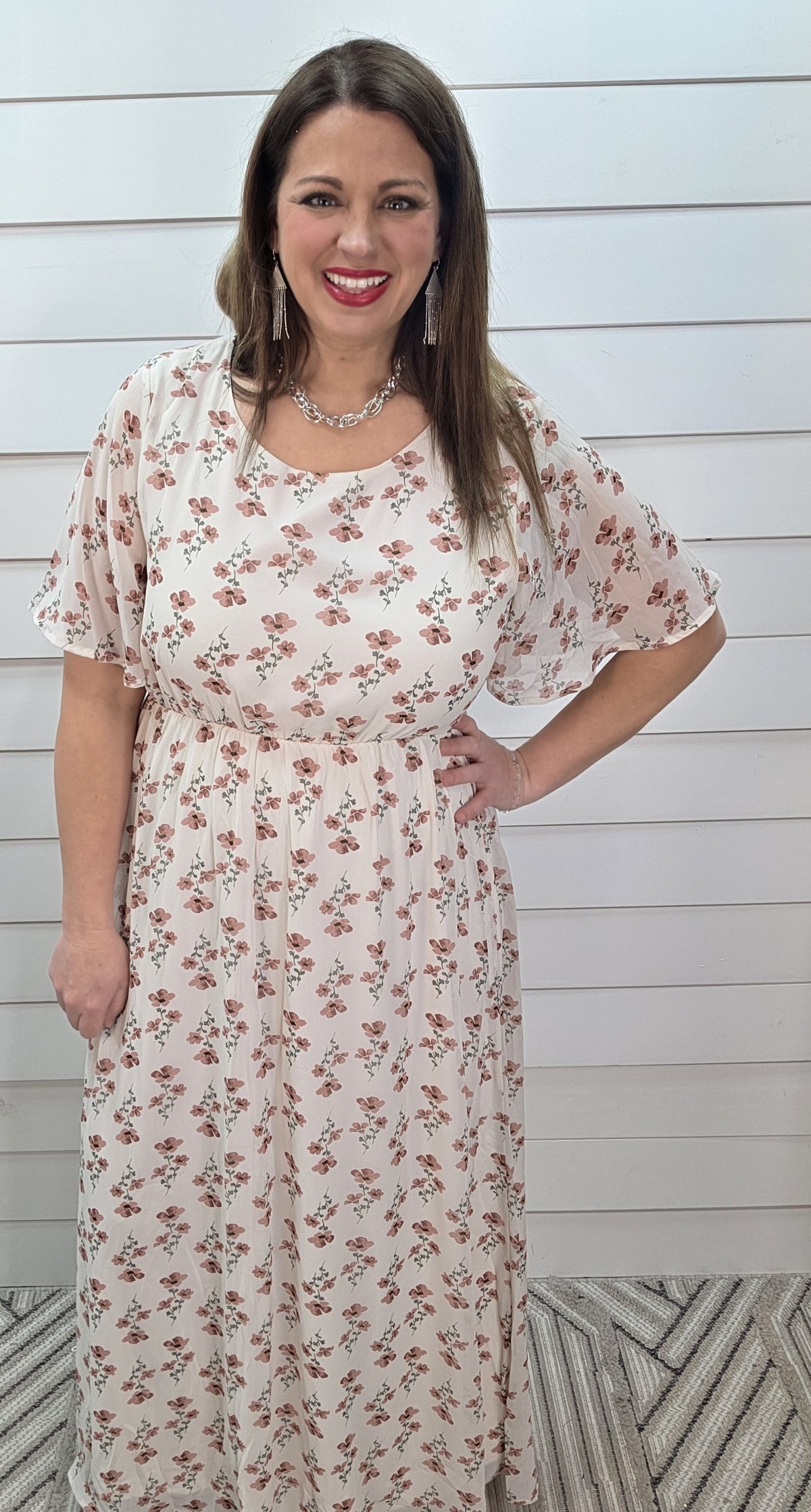 IVORY/ROSE FLORAL ELASTIC WAIST DRESS