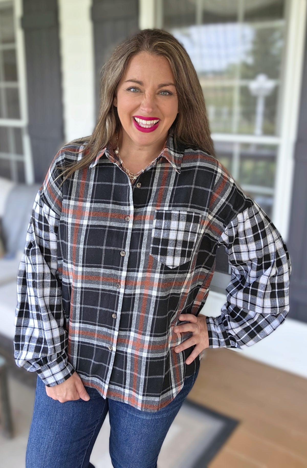 BLACK MIXED PLAID BUTTON DOWN TOP