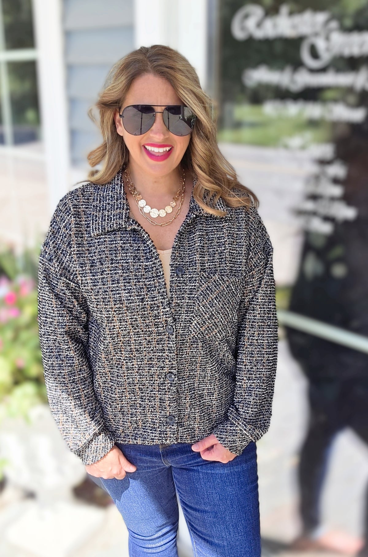 BLACK/GLITZ BUTTON DOWN SOFT TWEED TOP