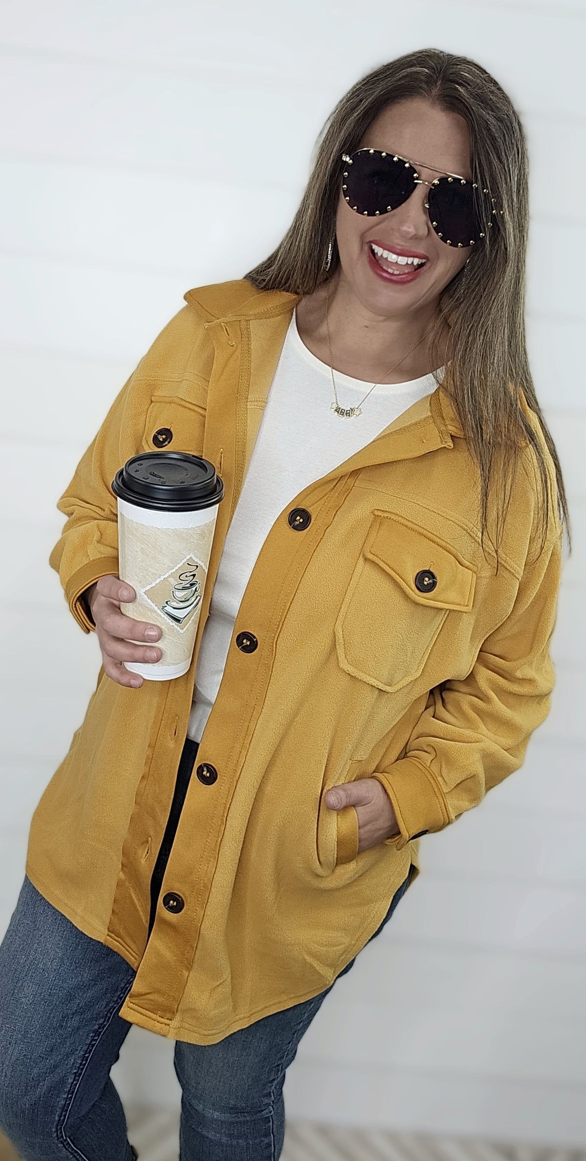 OVERSIZED PLUSH FLEECE SHACKET - MUSTARD