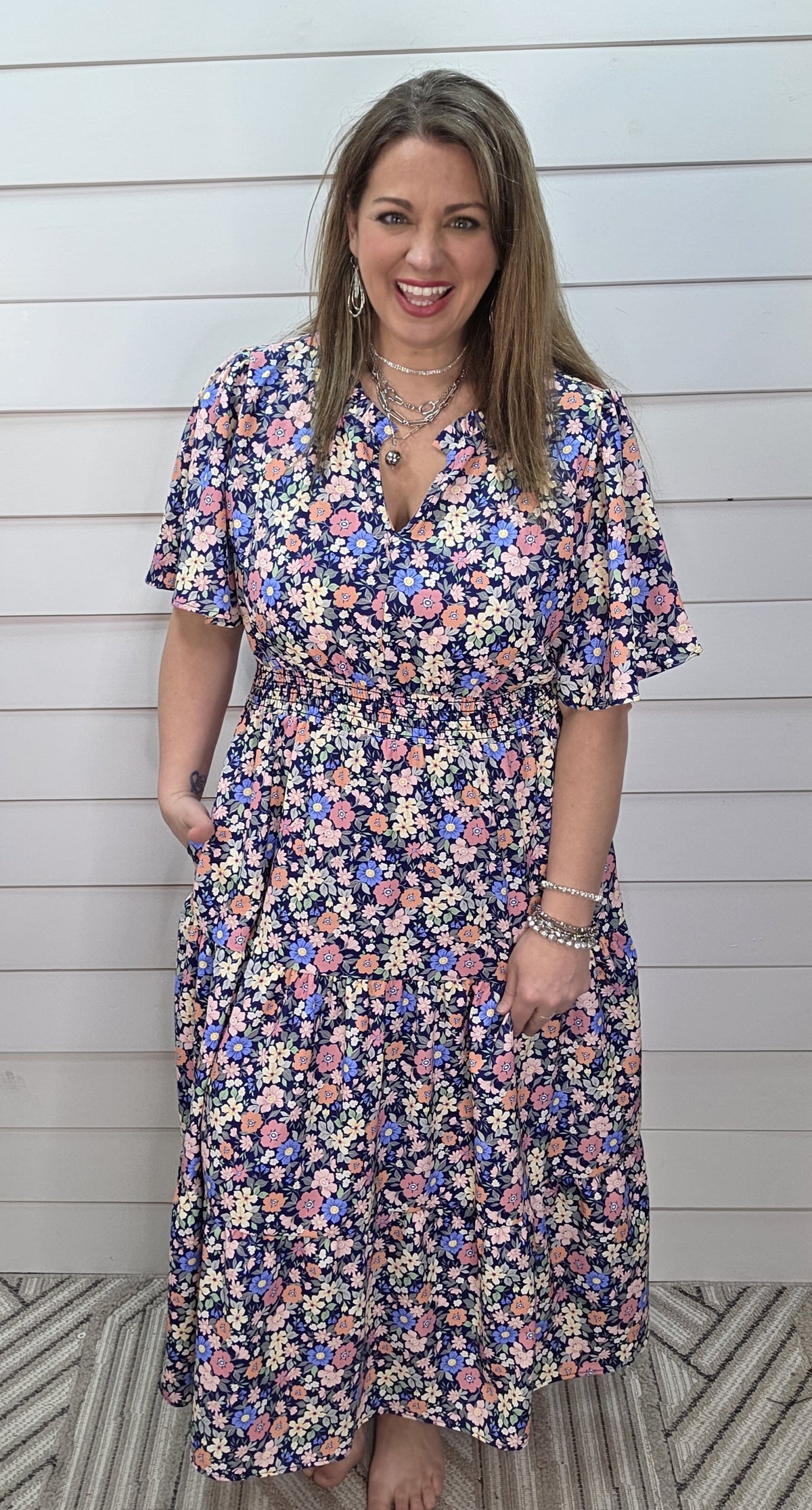 NAVY FLORAL V NECK ELASTIC WAIST LONG DRESS