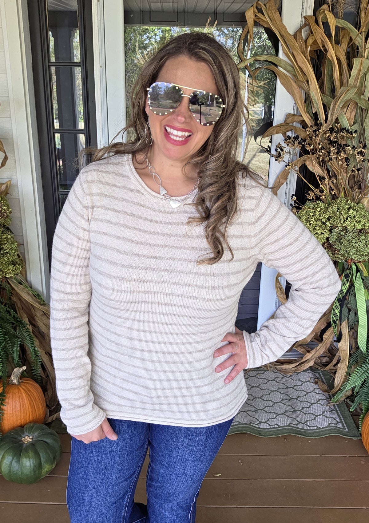 OATMEAL/TAUPE STRIPED KNIT SWEATER