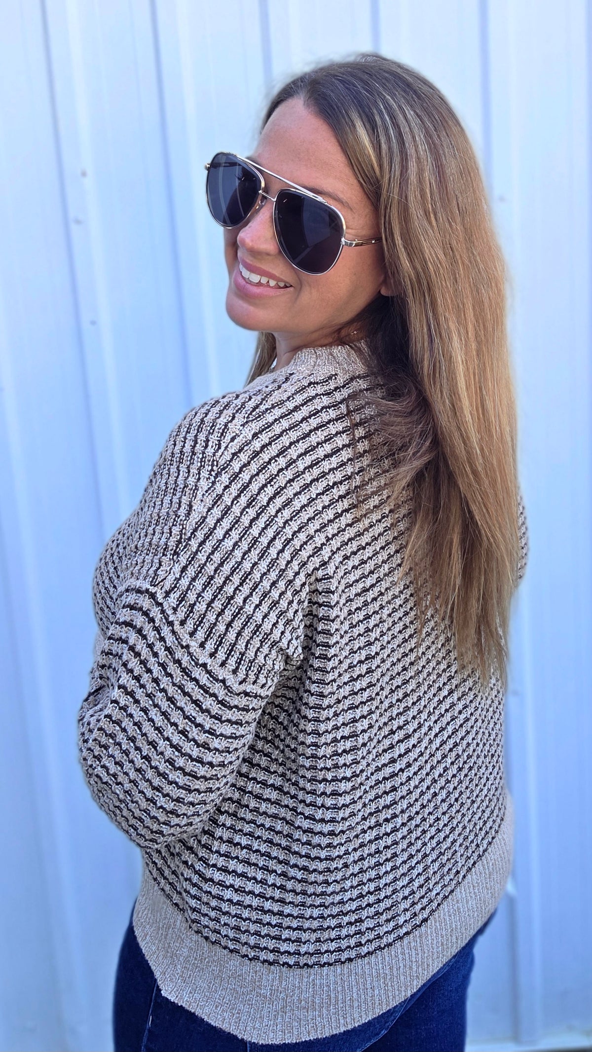 Taupe/Brown Texture Striped Crew Neck Long Sleeve Pullover Sweater