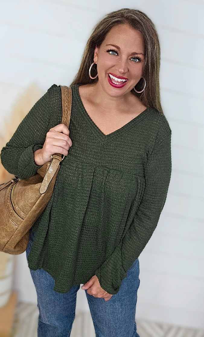 OLIVE WAFFLE KNIT BABYDOLL TOP