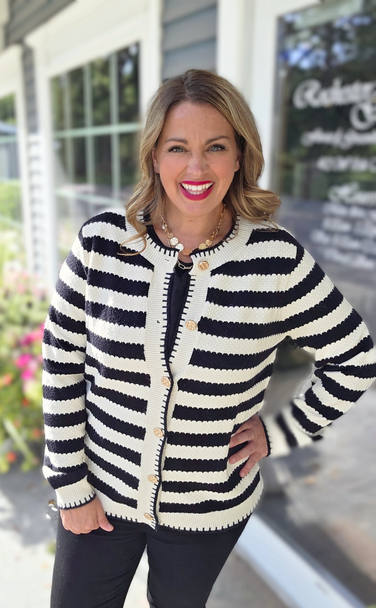 BLACK CHIC STRIPED GOLD BUTTON CARDIGAN