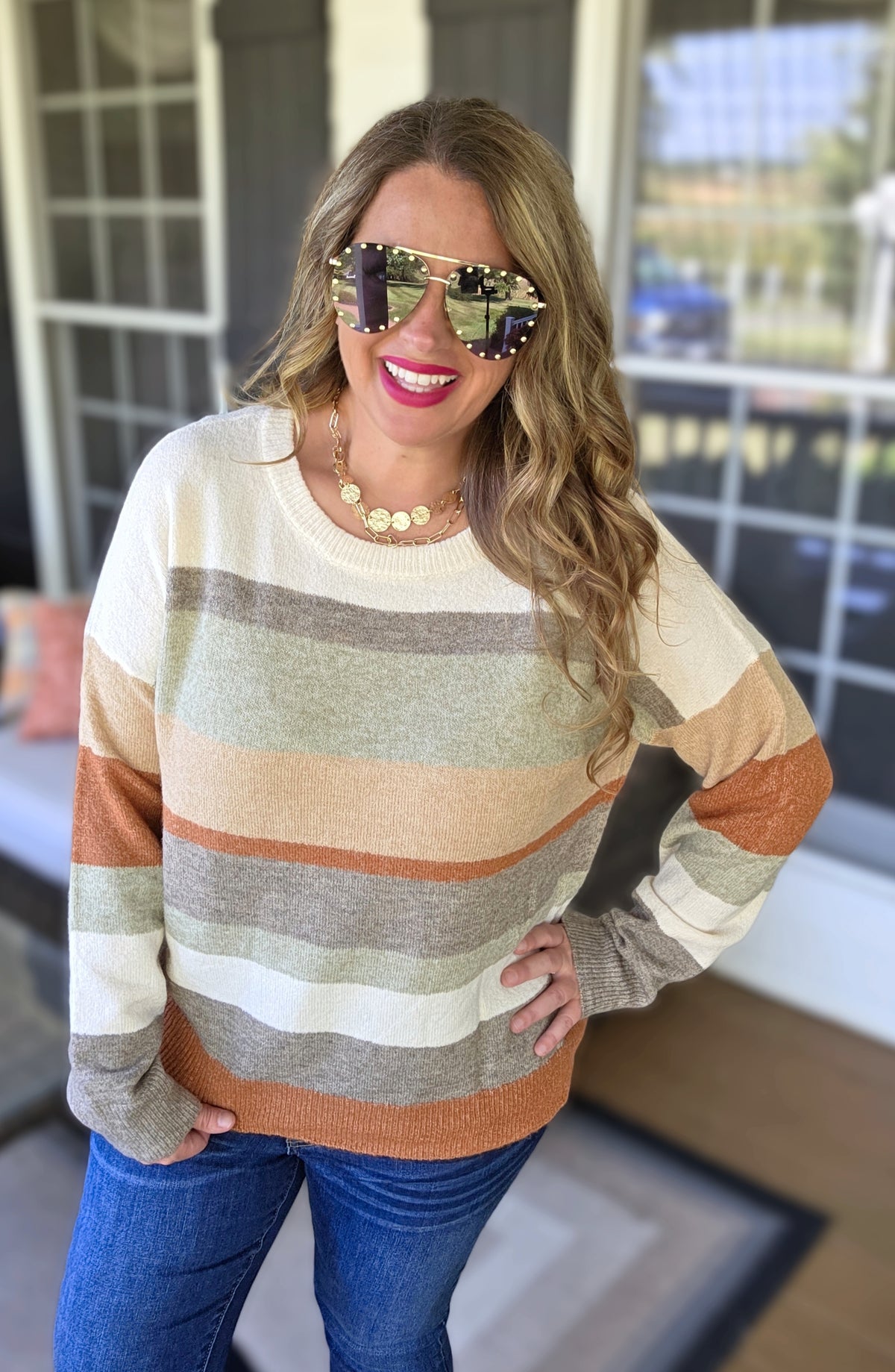 MOCHA/TAUPE/RUST COLORBLOCK KNIT LIGHT WEIGHT SWEATER