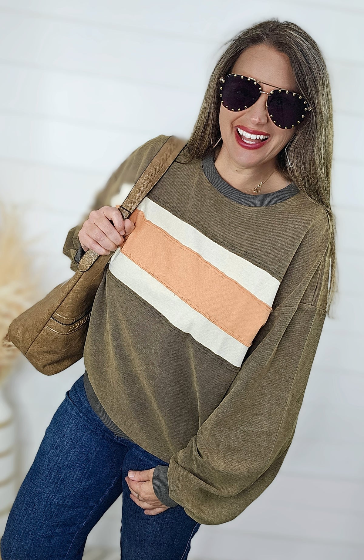 ASH/CORAL CREW NECK COLORBLOCK PULLOVER