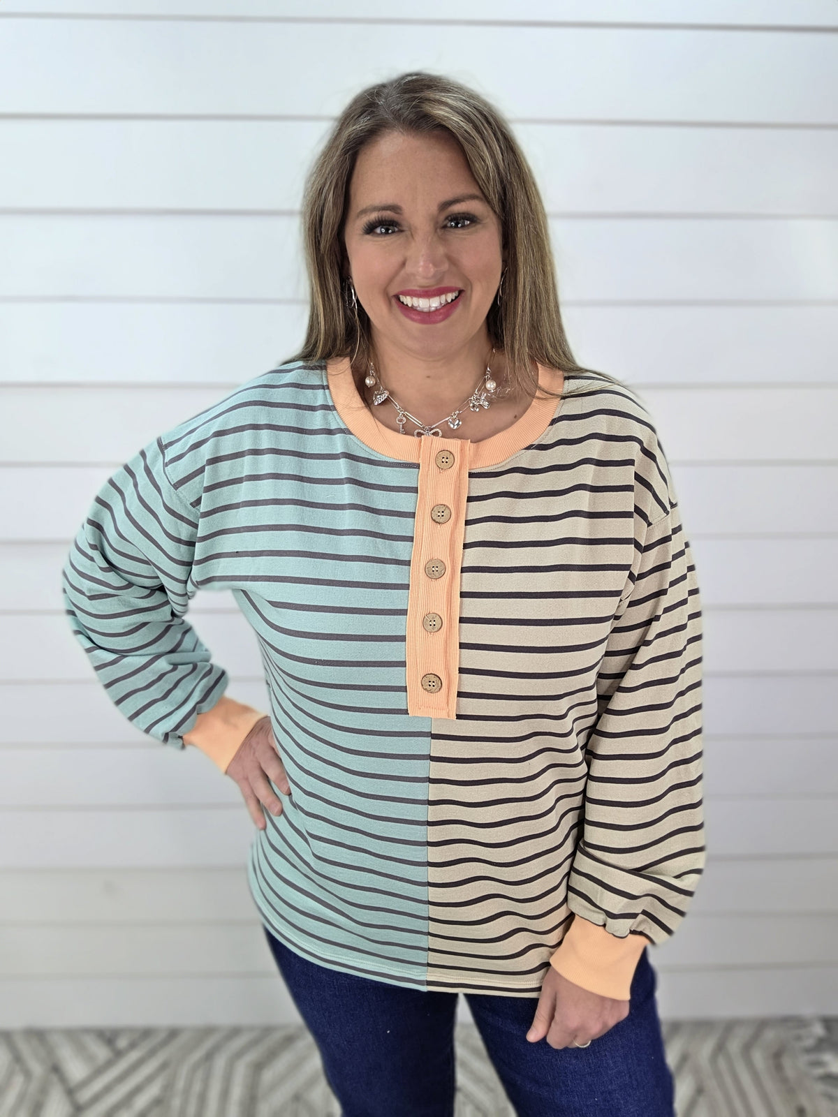 JADE/OATMEAL STRIPED CONTRAST BUTTON TRIM FRENCH TERRY TOP