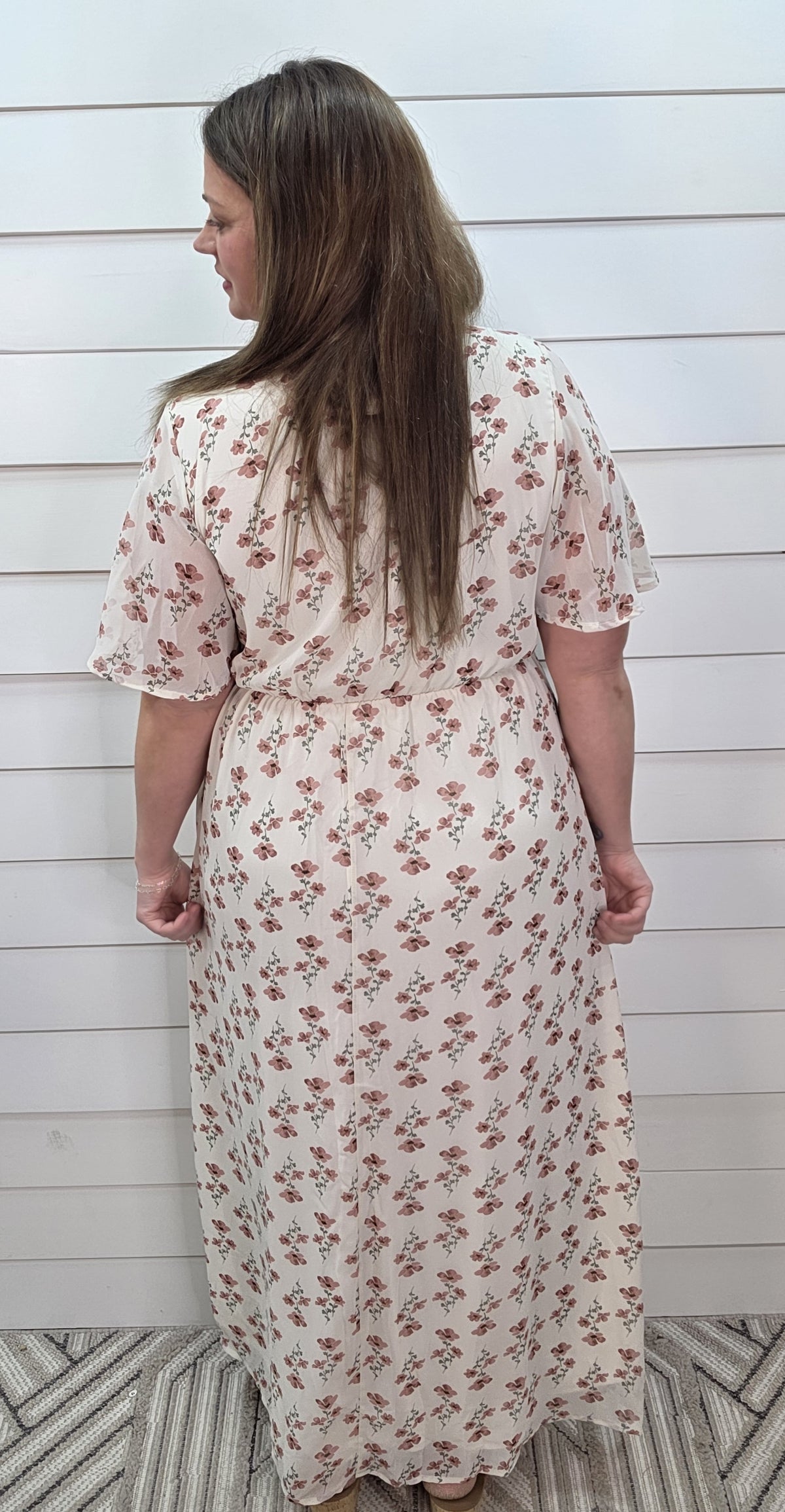 IVORY/ROSE FLORAL ELASTIC WAIST DRESS