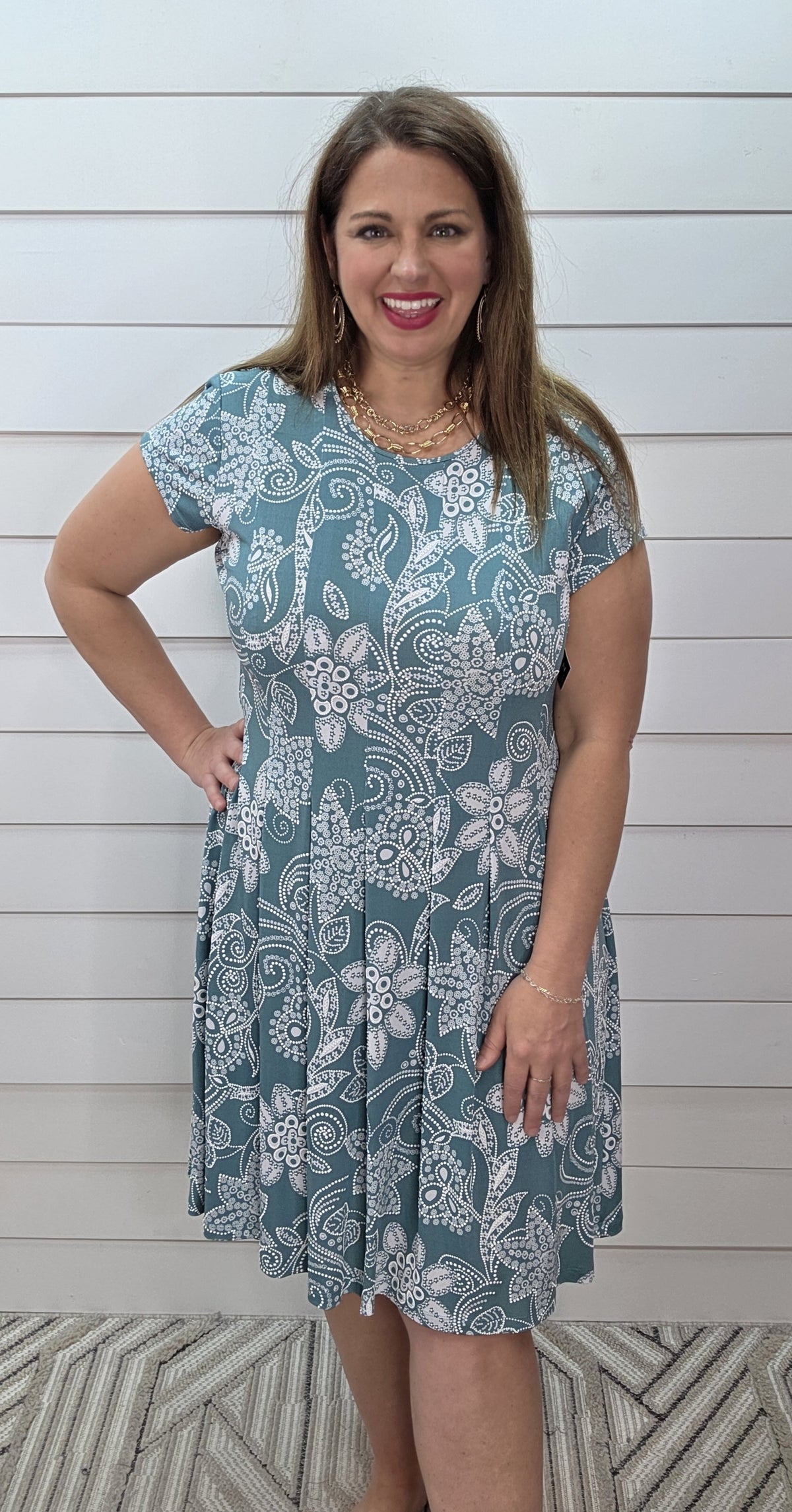 TEAL/WHITE TEXTURED FLORAL KNIT DRESS
