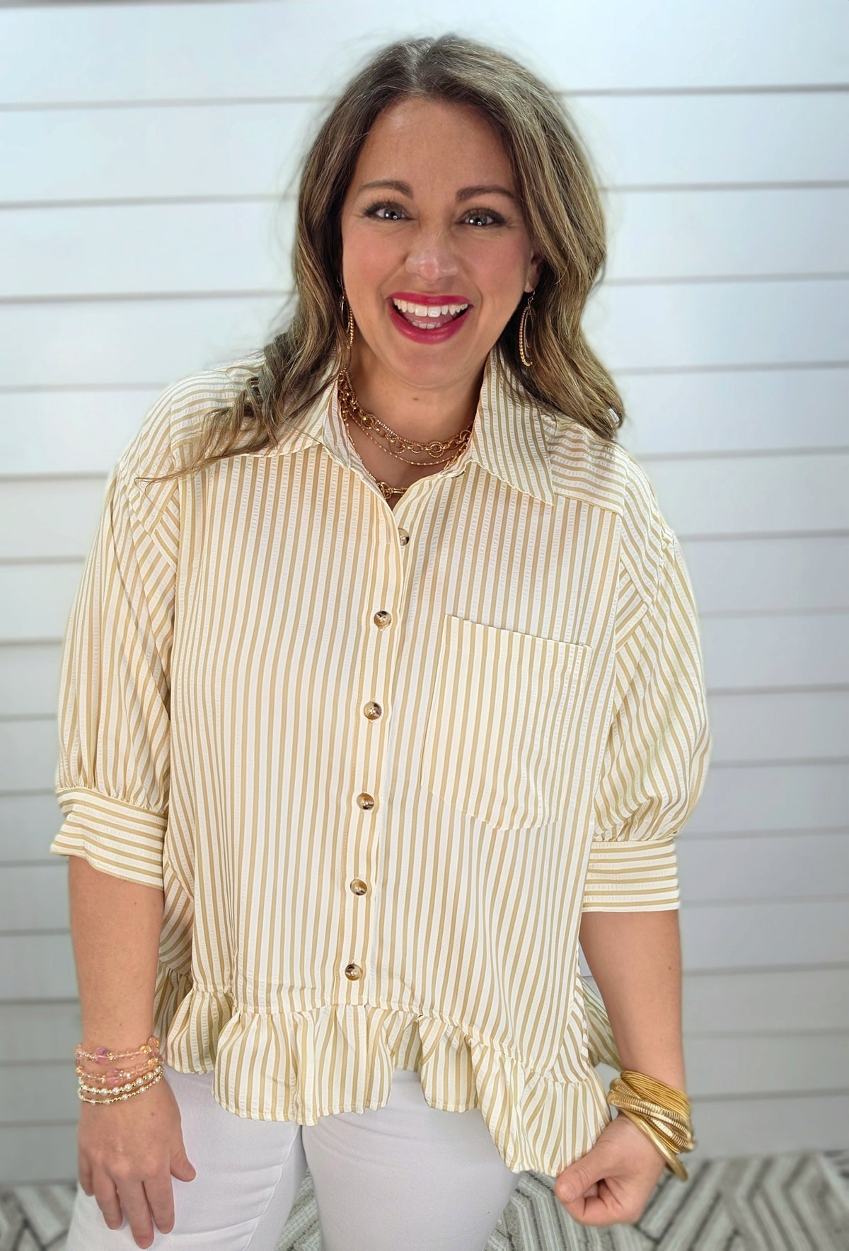 TAUPE STRIPED BUTTON DOWN RUFFLE TOP