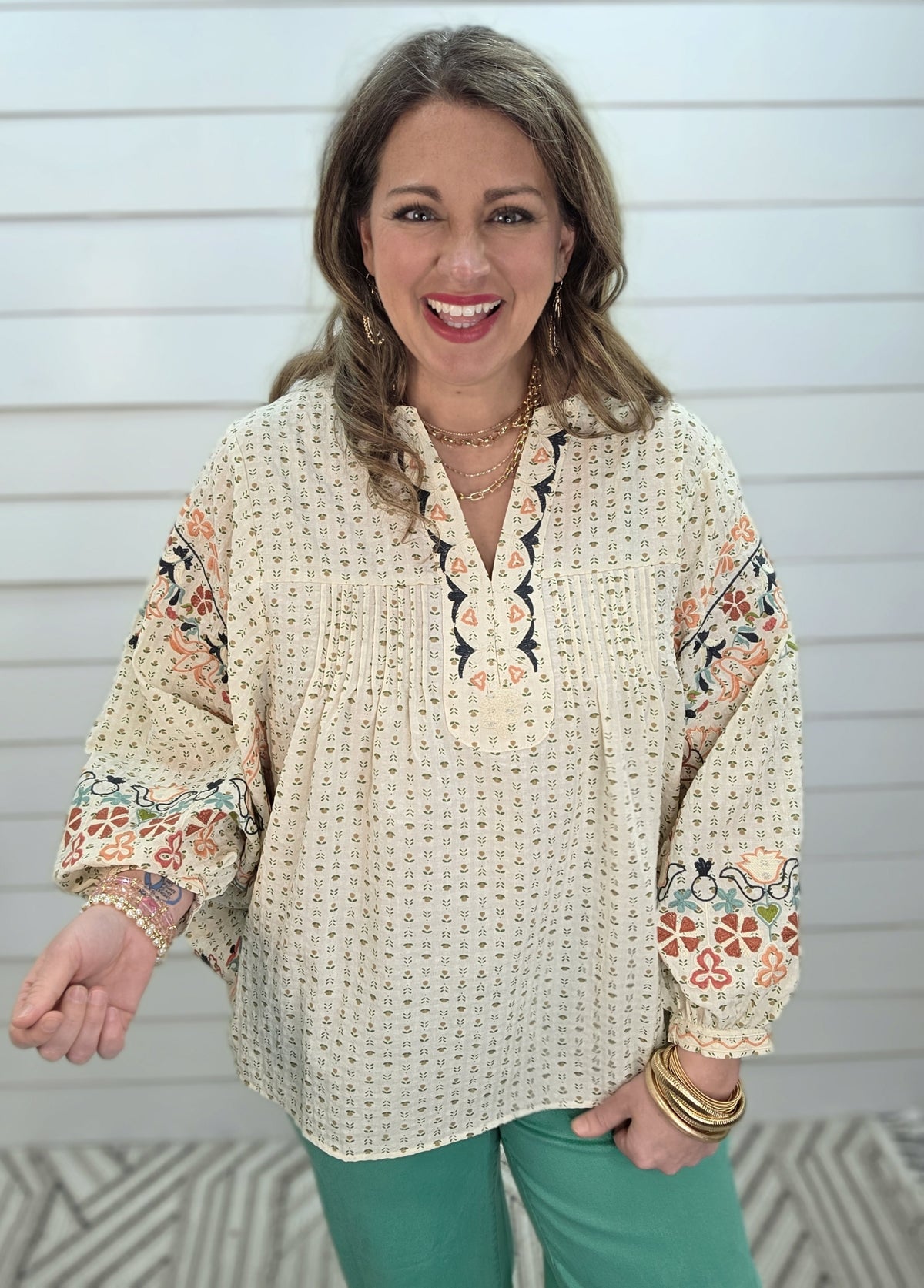 OATMEAL DOLMAN OVERSIZED FLORAL EMBROIDERED V NECK TOP