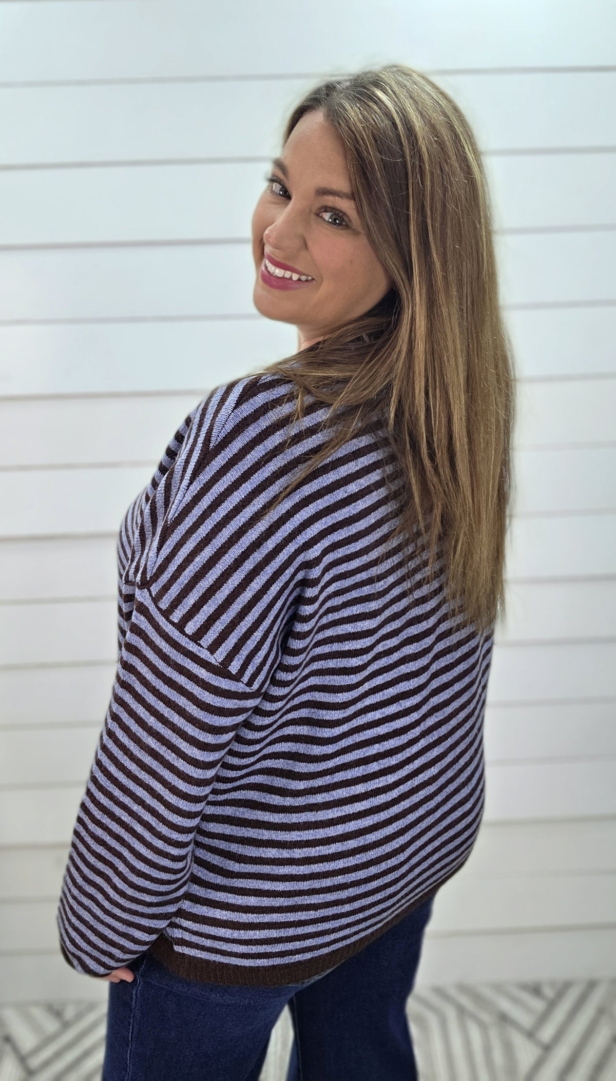 BLUE/BROWN STRIPED HENLEY SWEATER
