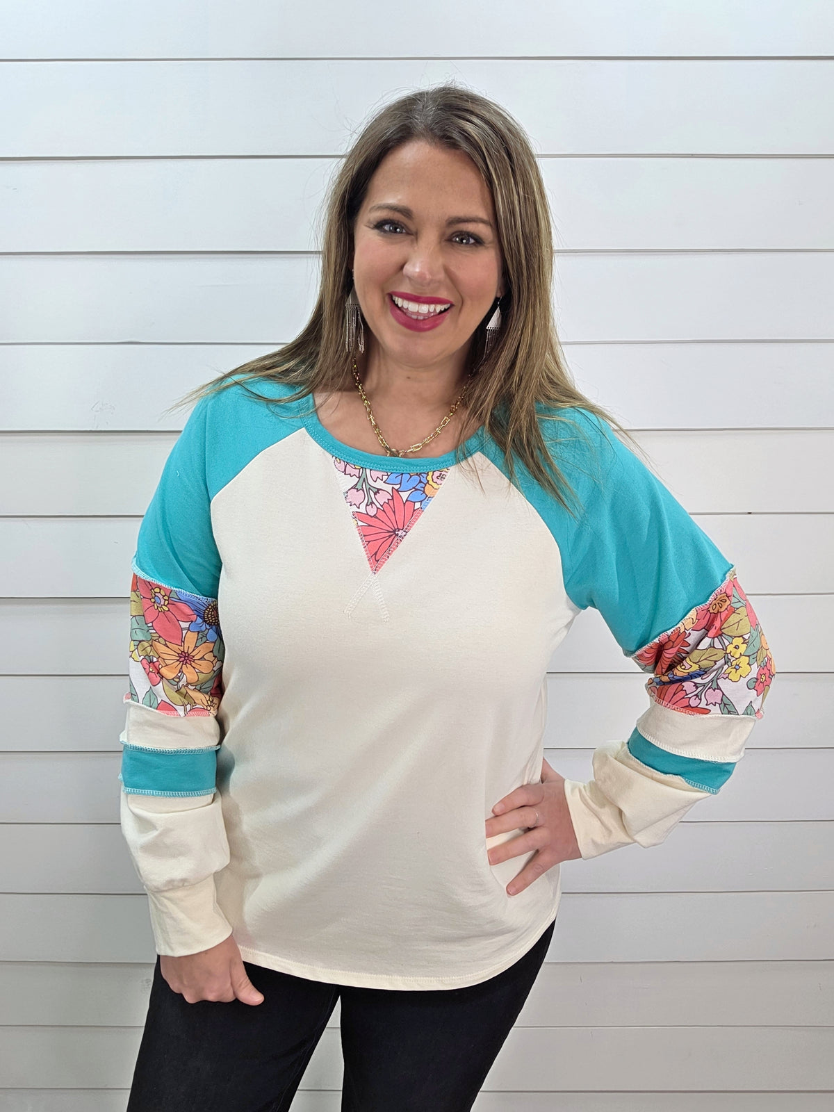 TEAL/CREAM FLORAL CONTAST FRENCH TERRY KNIT TOP