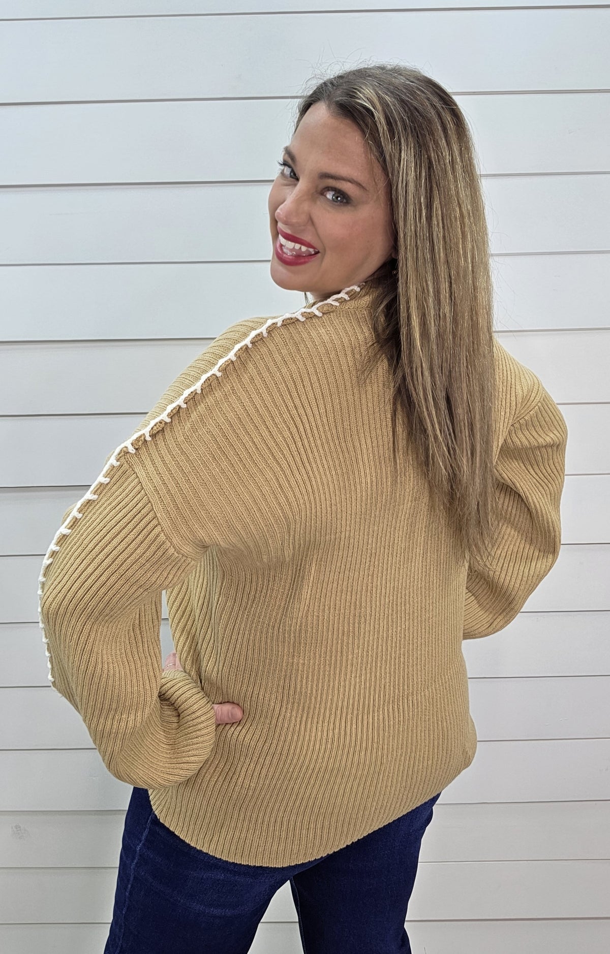 TAUPE STITCH DETAIL LOOSE FIT PULLOVER SWEATER