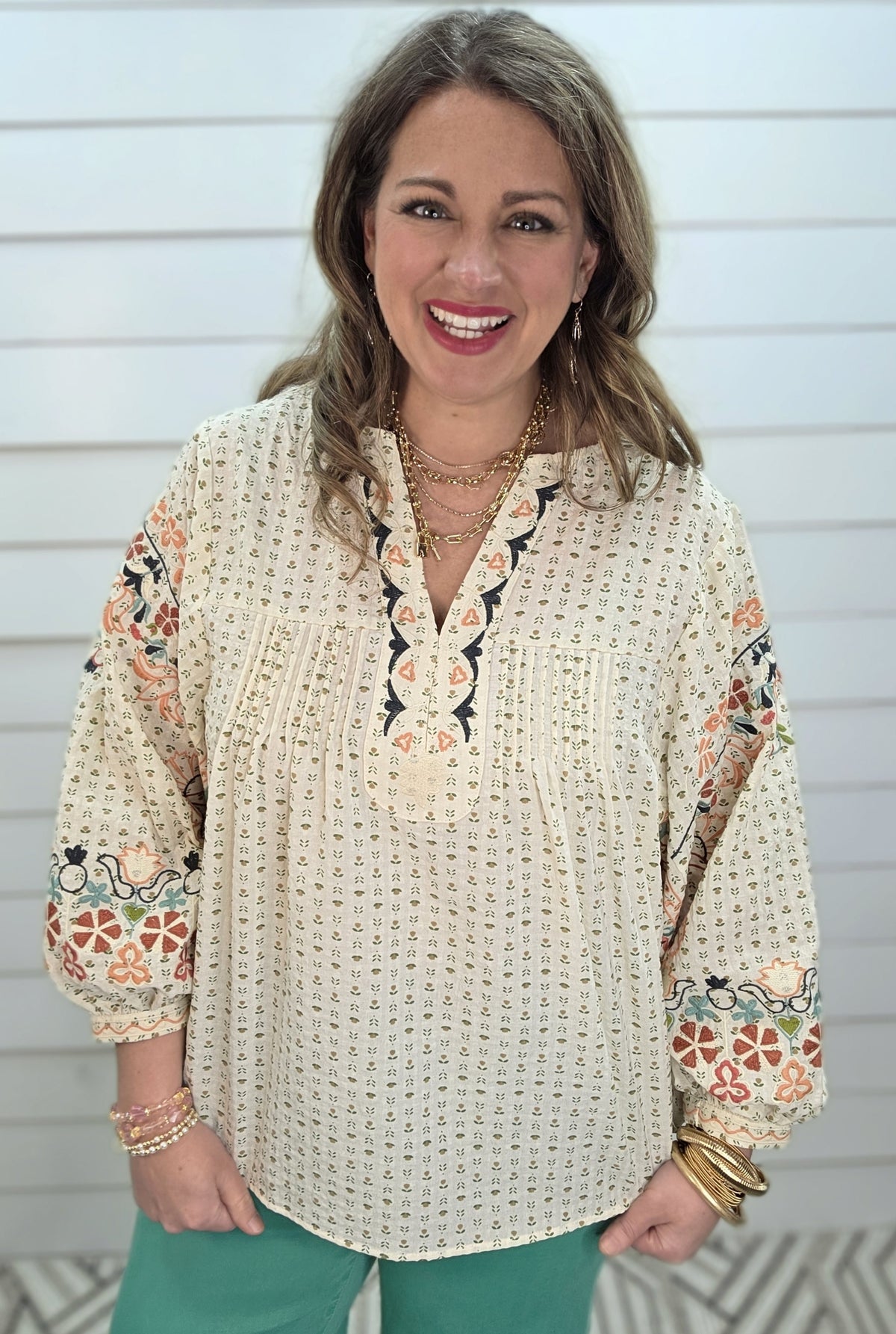 OATMEAL DOLMAN OVERSIZED FLORAL EMBROIDERED V NECK TOP