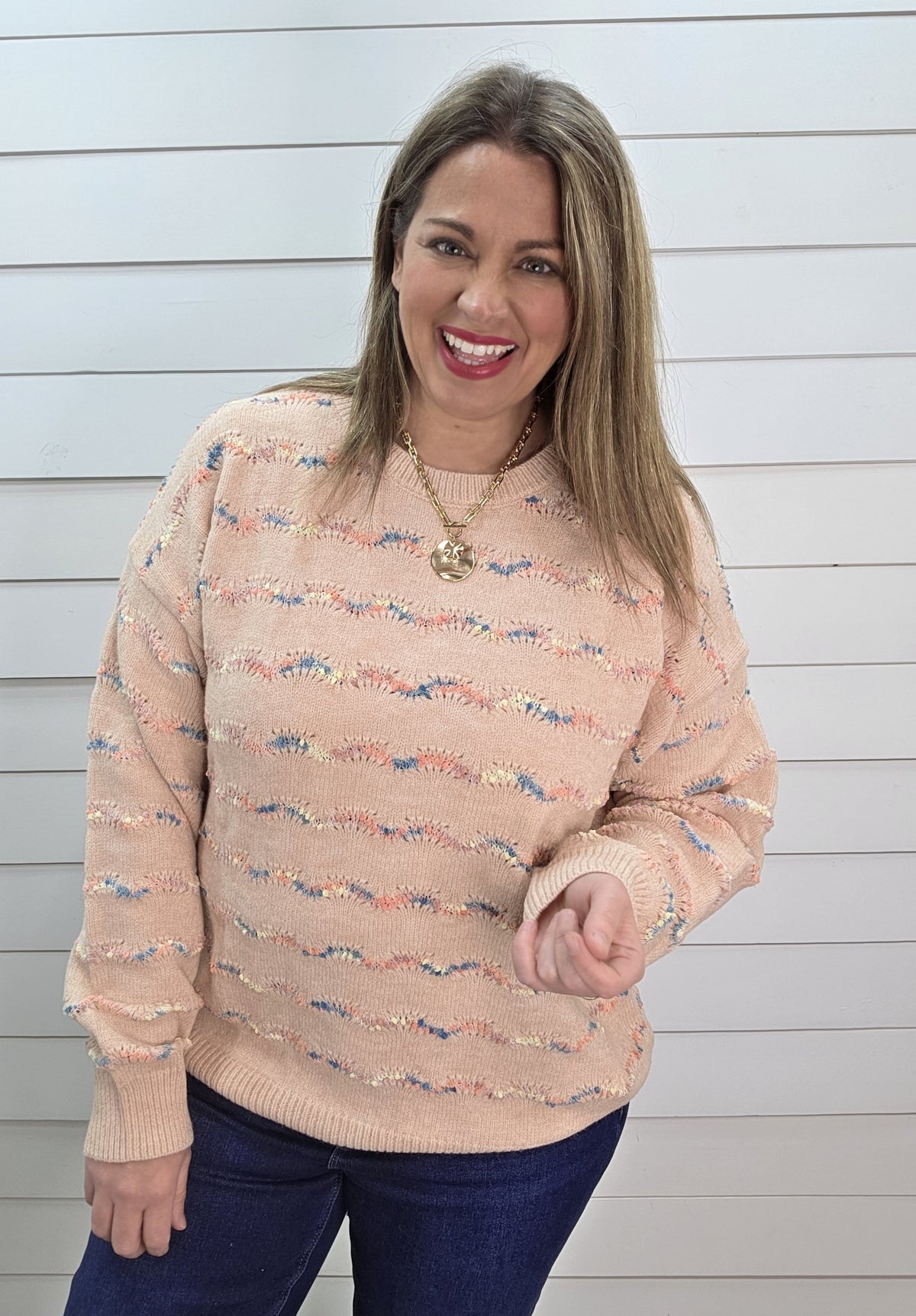 BLUSH MULTI COLOR POPCORN YARN KNIT SWEATER