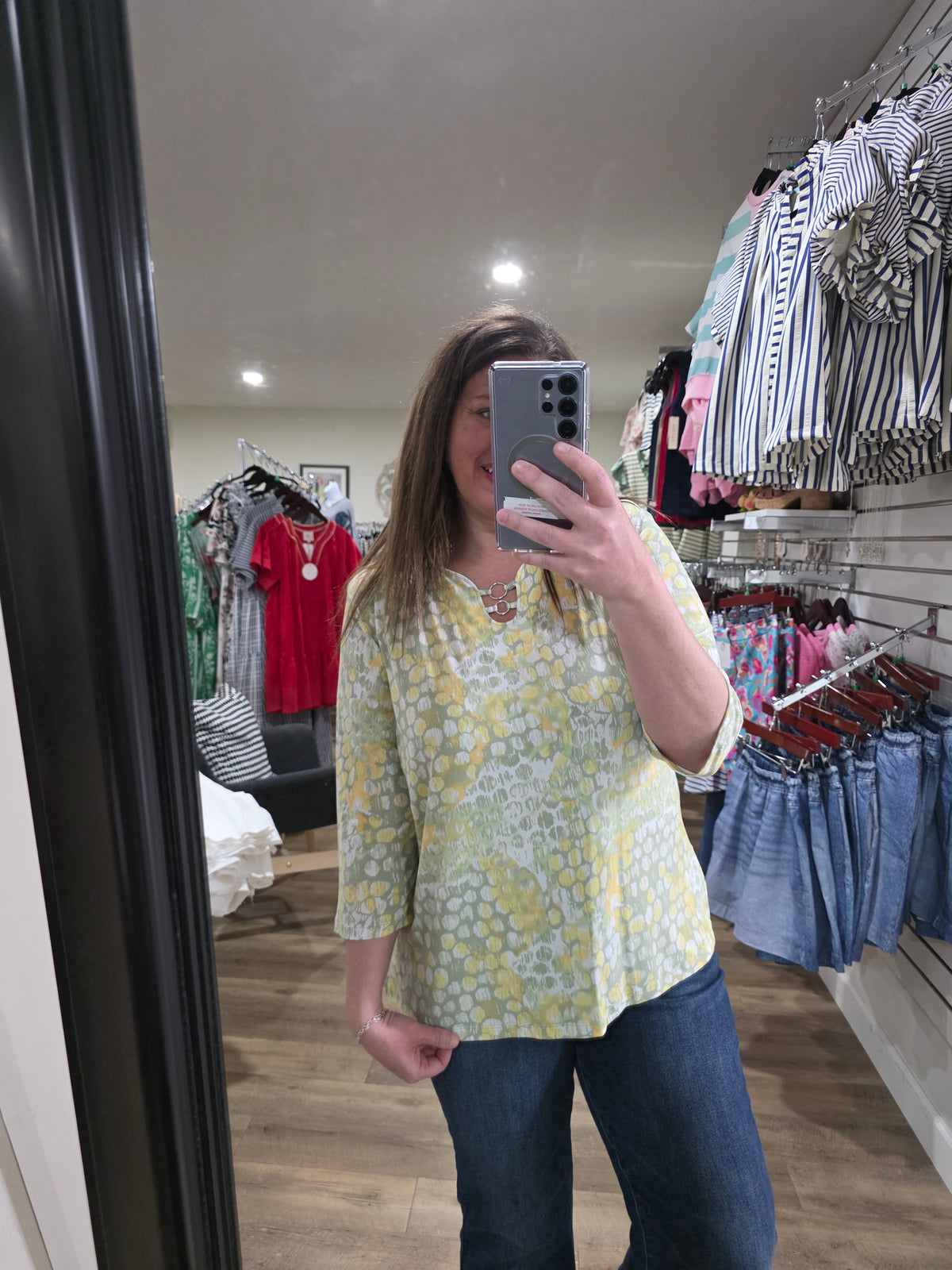 YELLOW/GREEN DOT PATTERN KNIT TOP W/ RING ACCENT NECKLINE