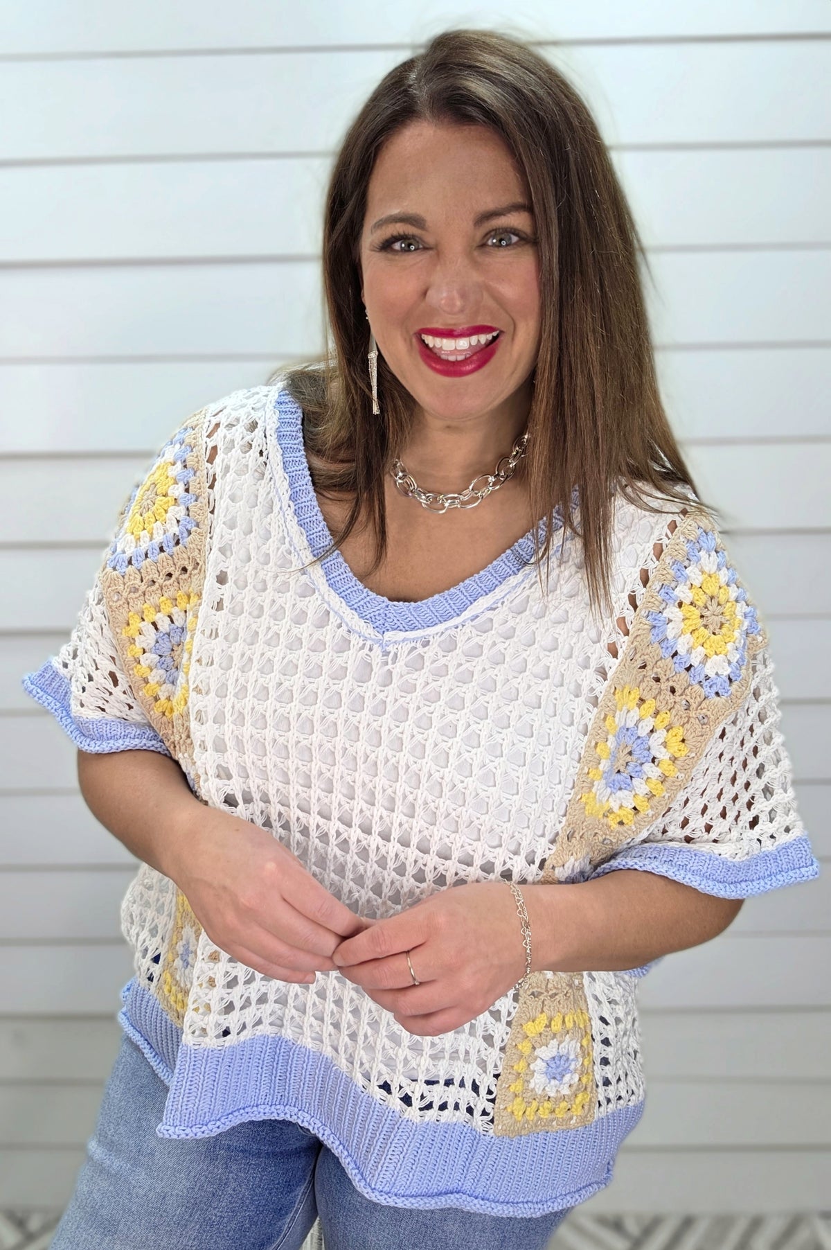 WHITE OPEN KNIT SWEATER WITH SKY BLUE TRIM & PATCHWORK