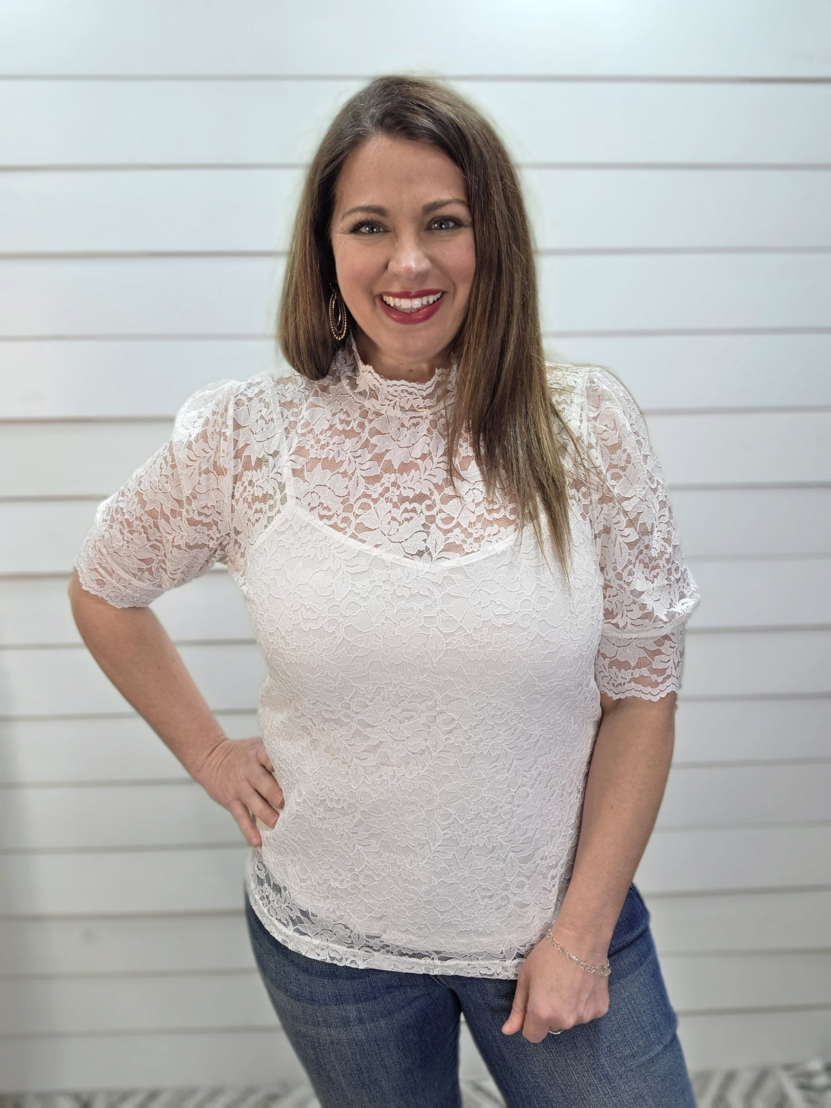 WHITE LACE MOCK NECK TOP W/ TANK TOP