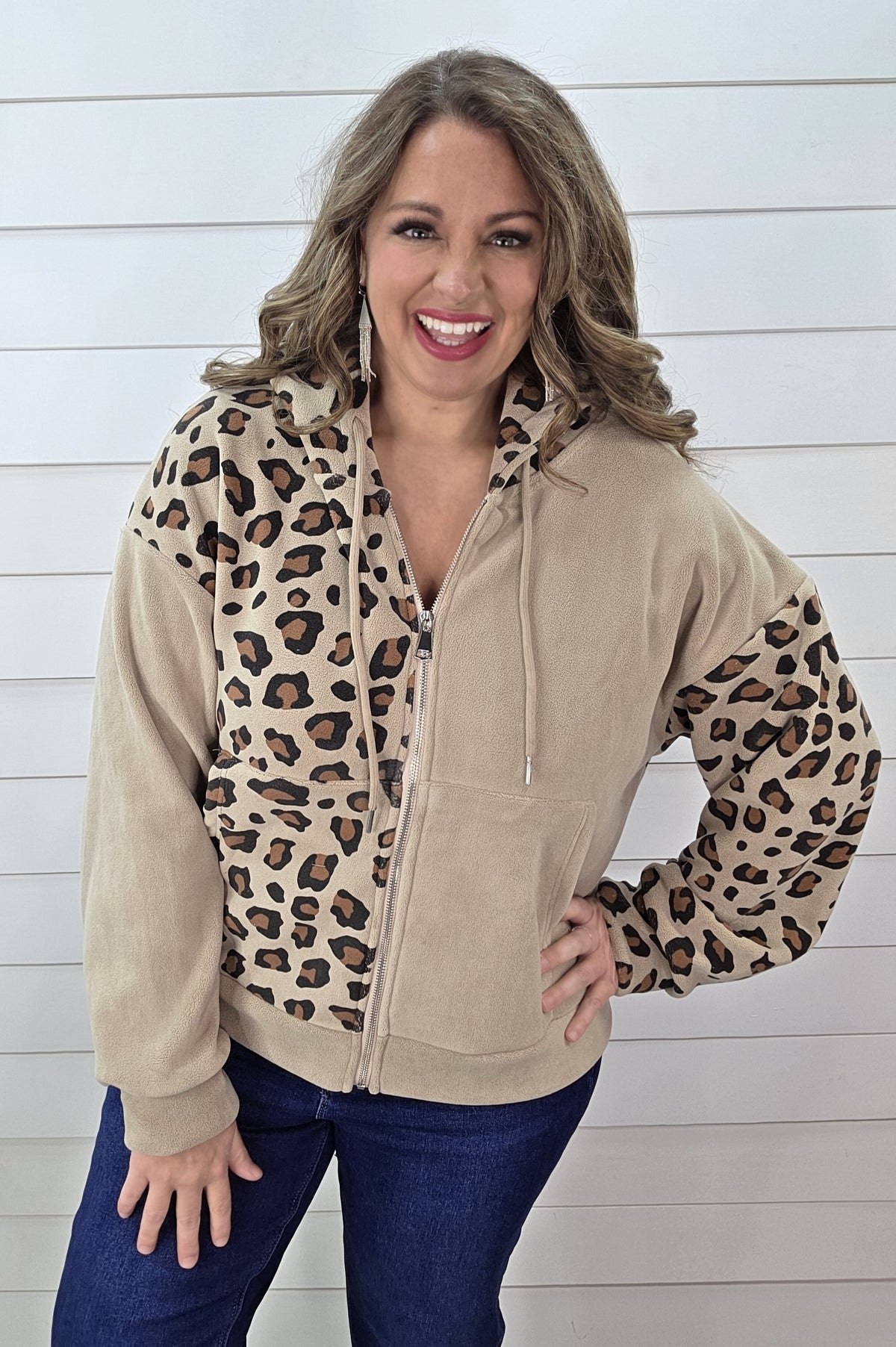 MOCHA CONTRAST LEOPARD FULL ZIP HOODED PULLOVER