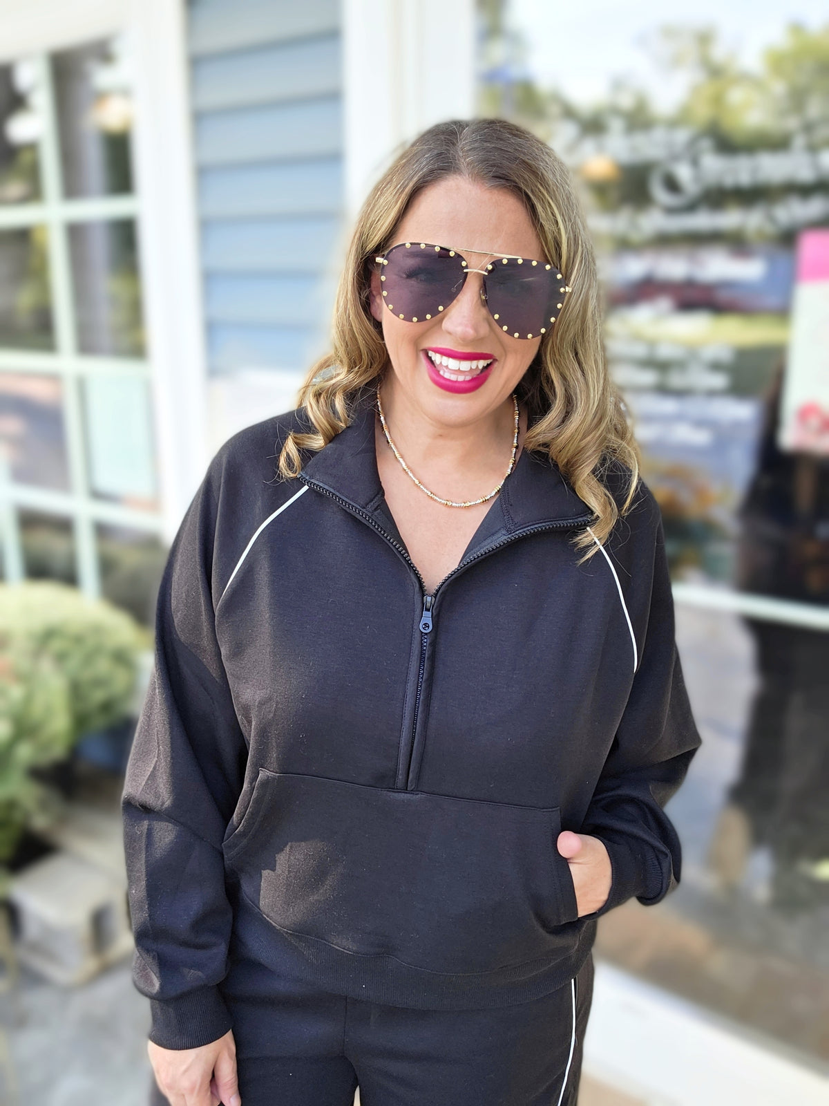 BLACK PINSTRIPE HALF ZIP PULLOVER