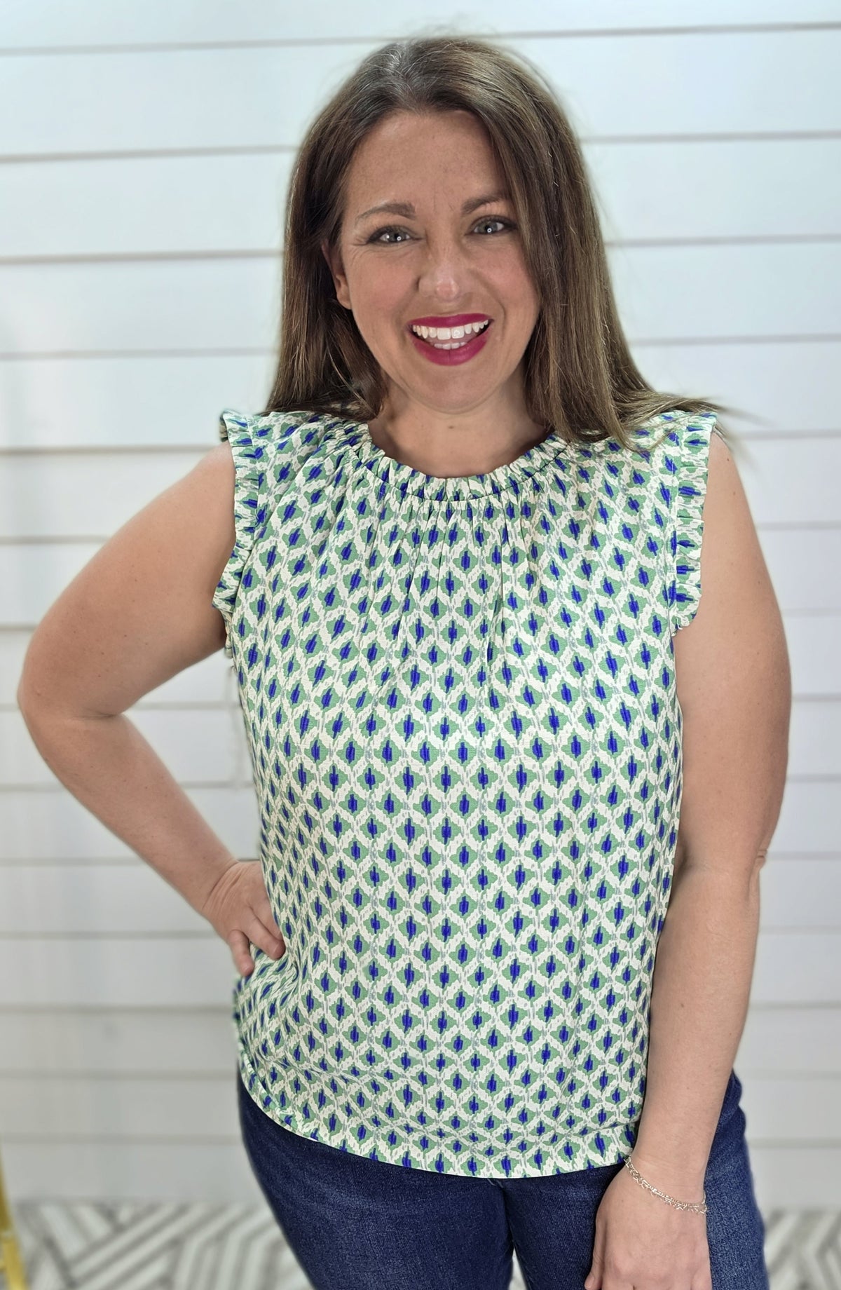 GREEN/NAVY HIGH NECK WOVEN SLEEVELESS TOP