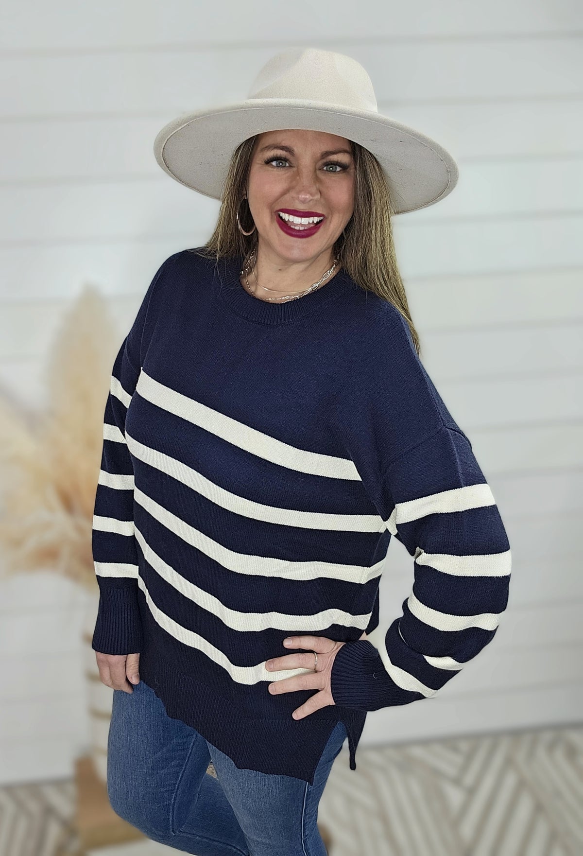 NAVY STRIPED OVERSIZED SIDE SPLIT CREW NECK SWEATER