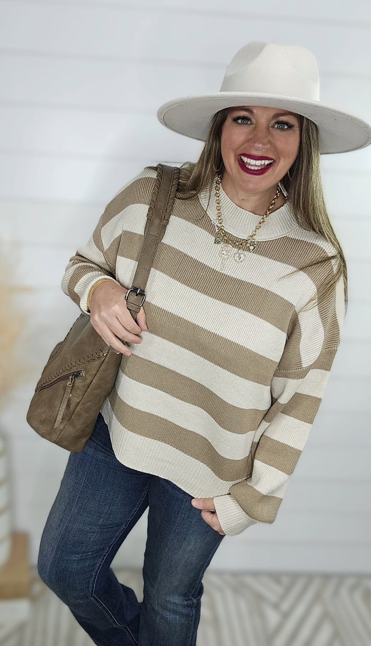 TAUPE STRIPED KNIT COTTON BLEND SWEATER